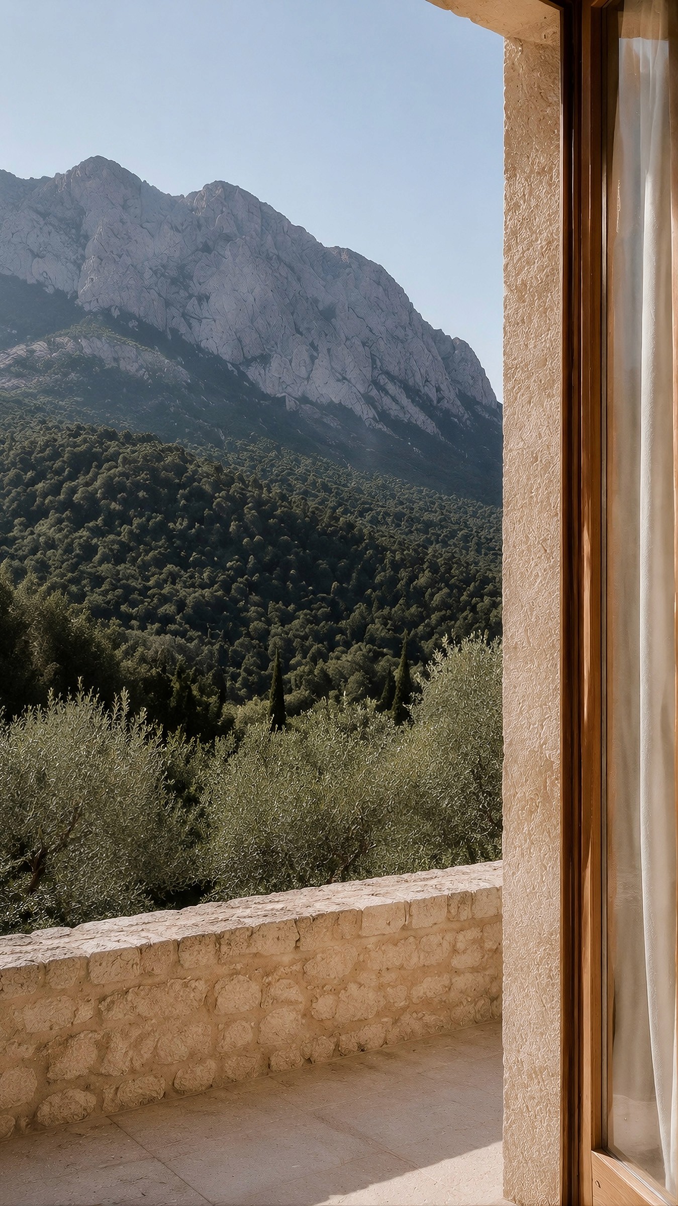 View through an open wooden door framing a stone balcony wall, a dense green forest, and a rugged mountain peak.