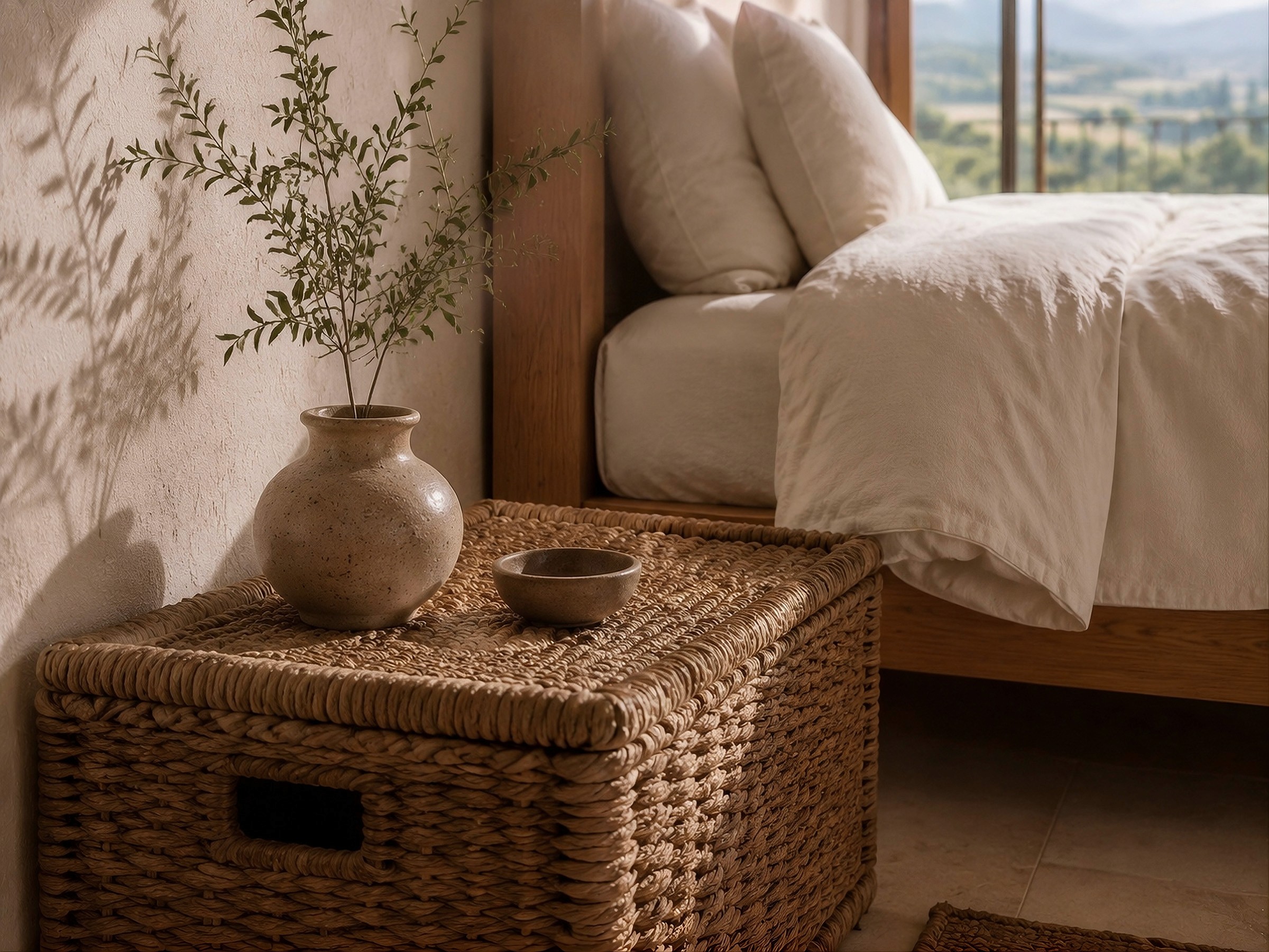 Close-up of a woven wicker trunk used as a nightstand, topped with a rustic vase and green branches next to a bed with white linens.