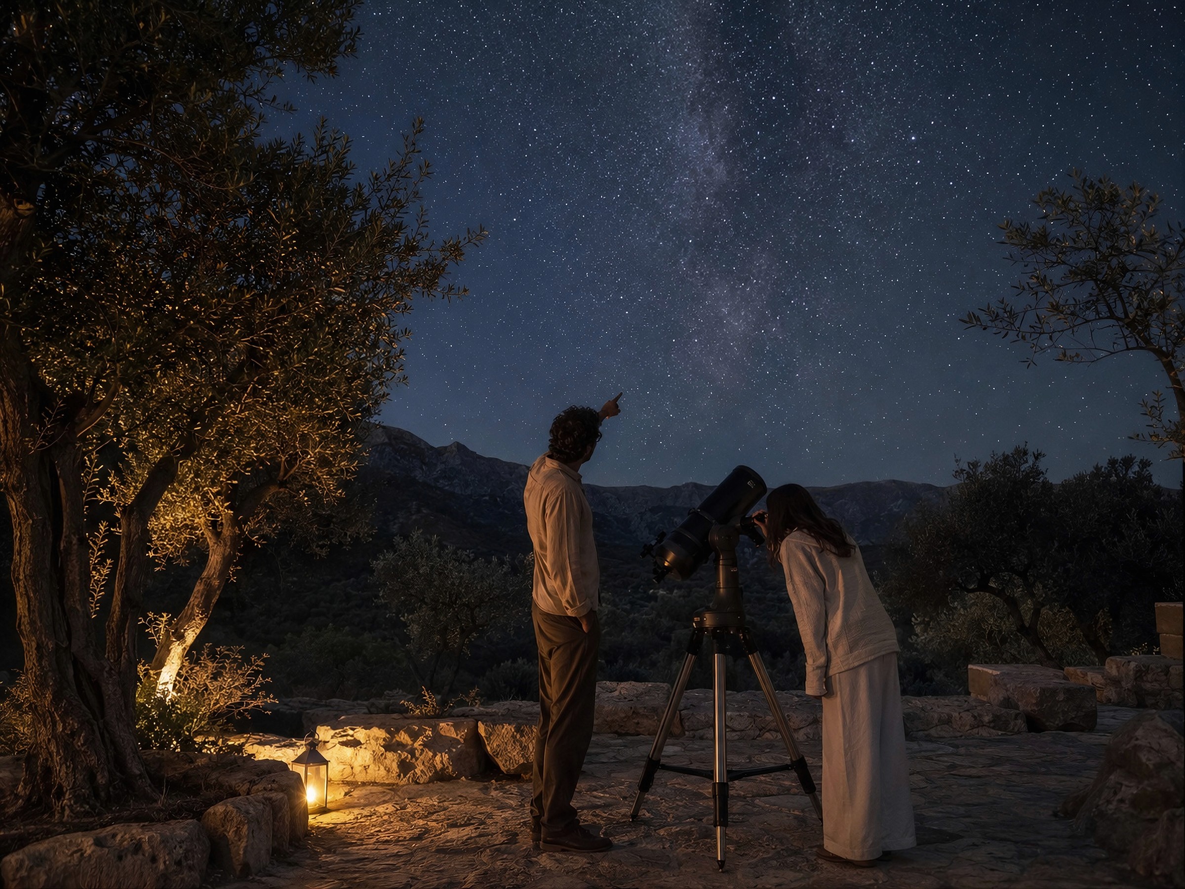 Two people stargazing with a telescope on a stone terrace under a bright starry night sky.