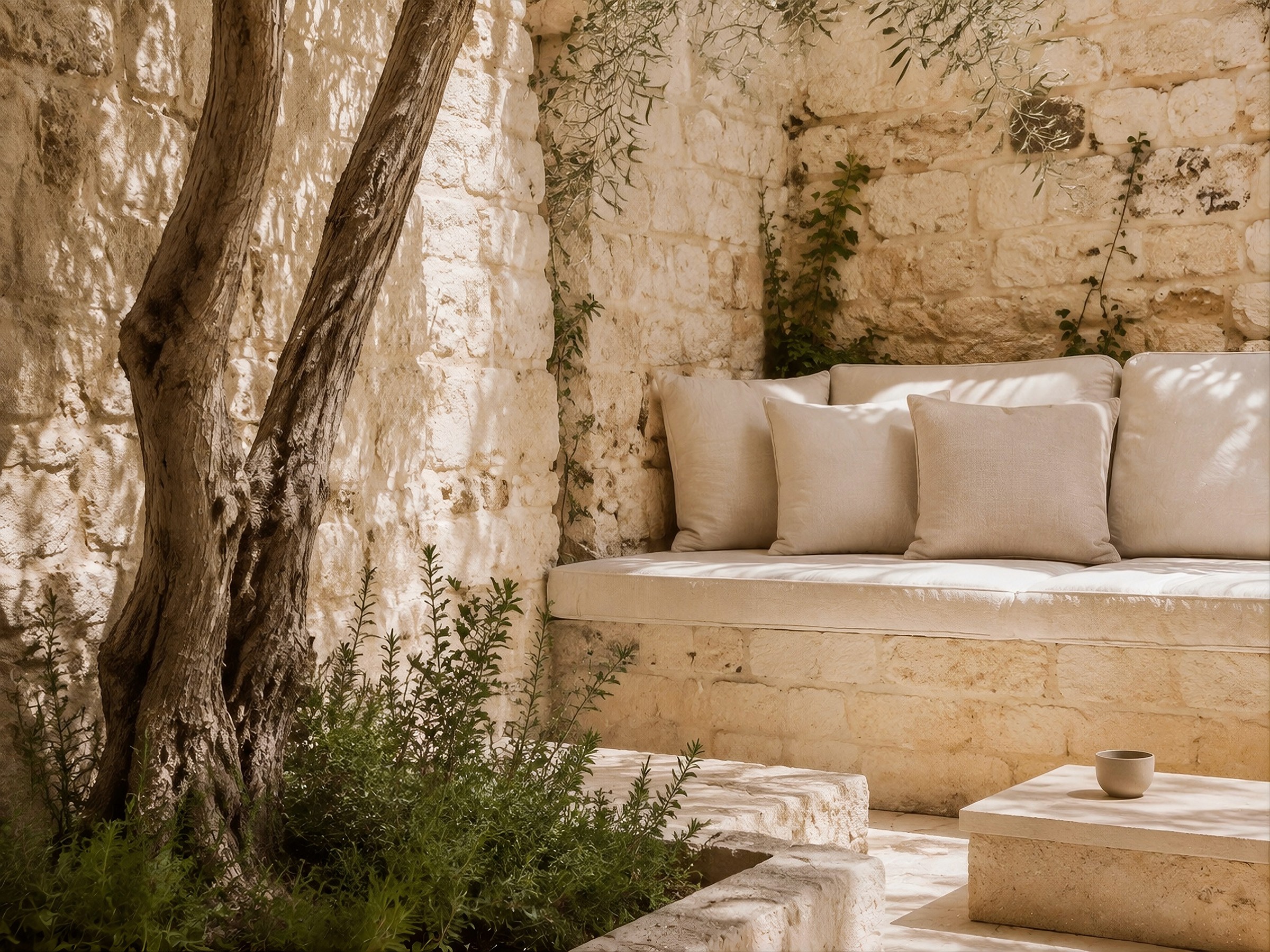 Built-in stone bench with neutral cushions next to an olive tree in a sunlit courtyard.