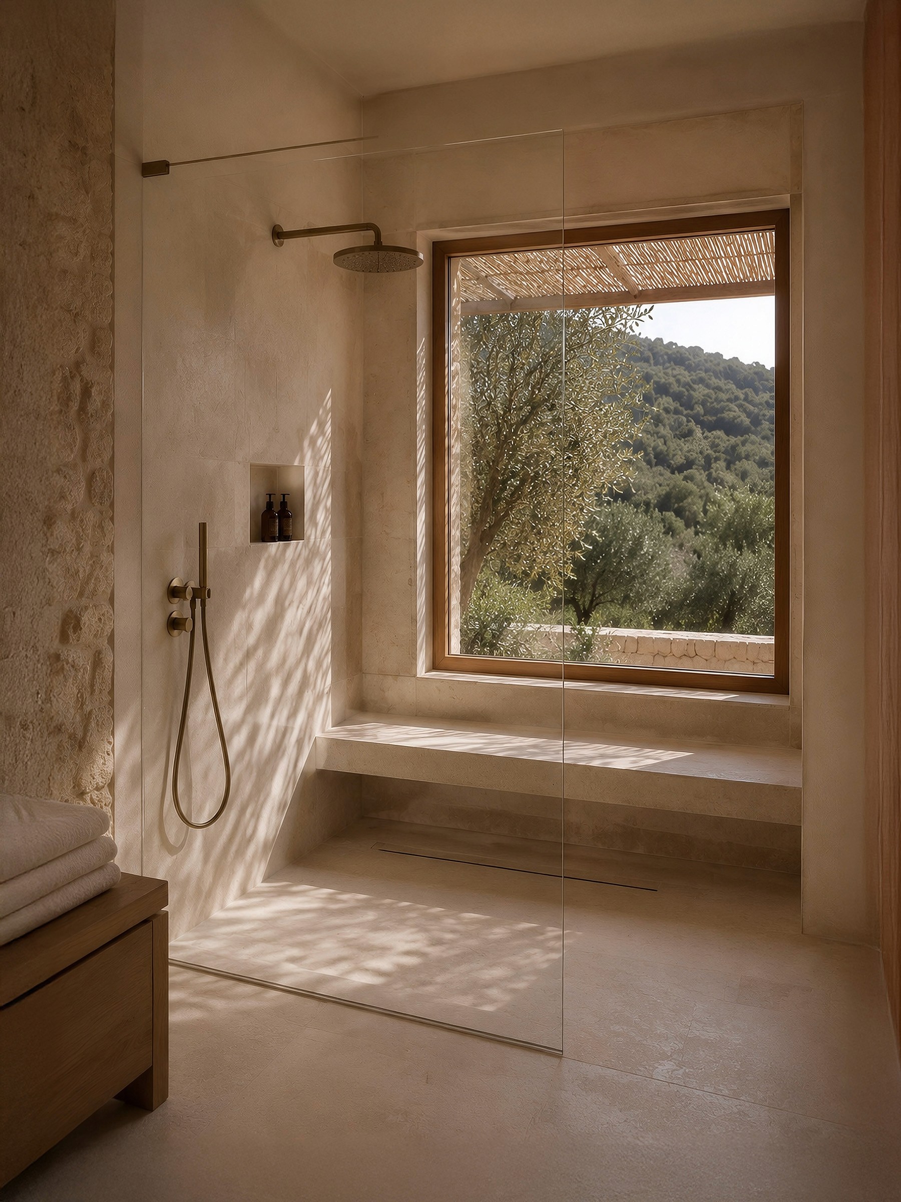 Stone walk-in shower with bronze fixtures, a glass screen, and a large window looking out onto a hillside.