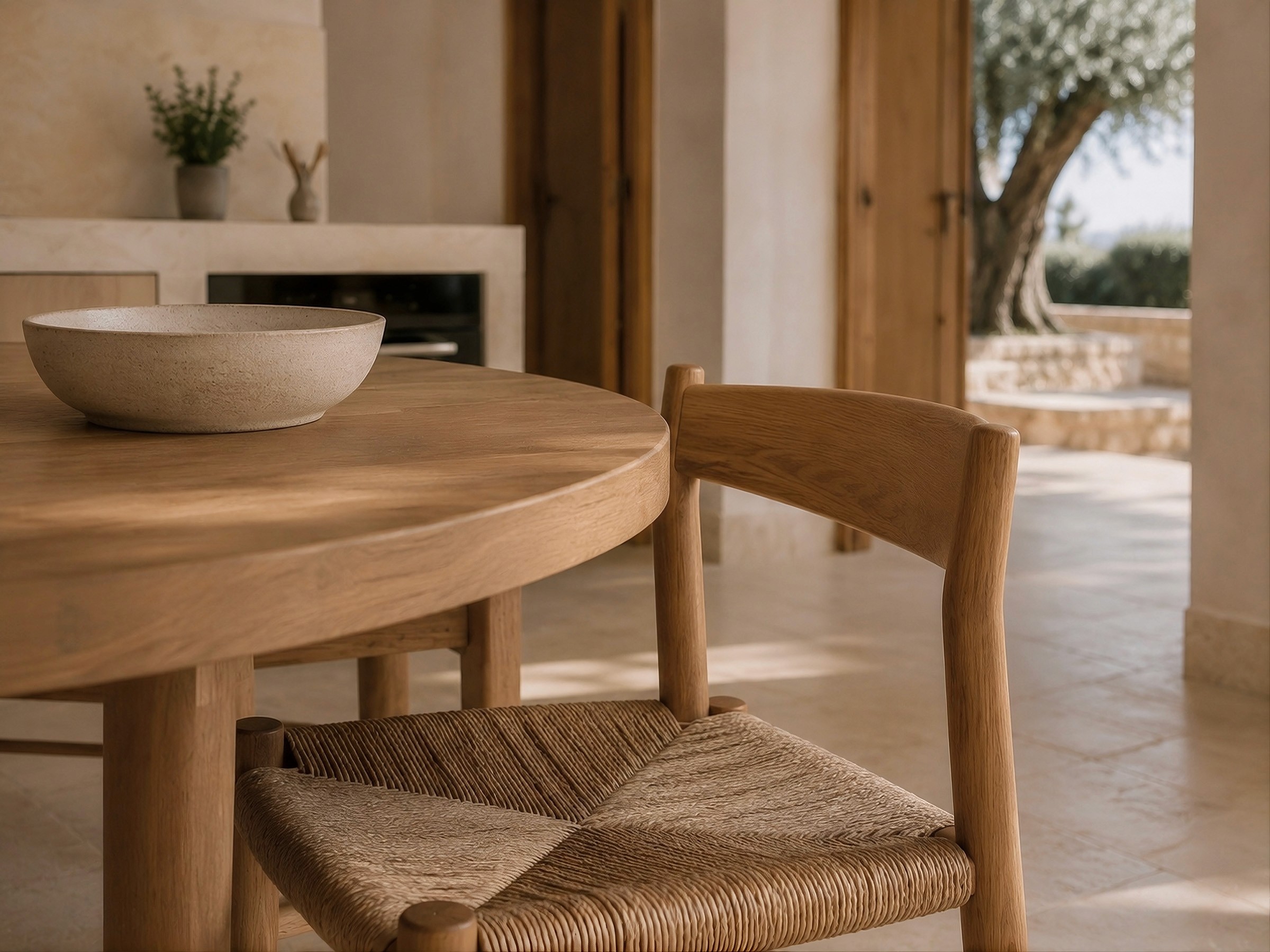 Close-up of a round wooden dining table with a ceramic bowl and a woven-seat wood chair.