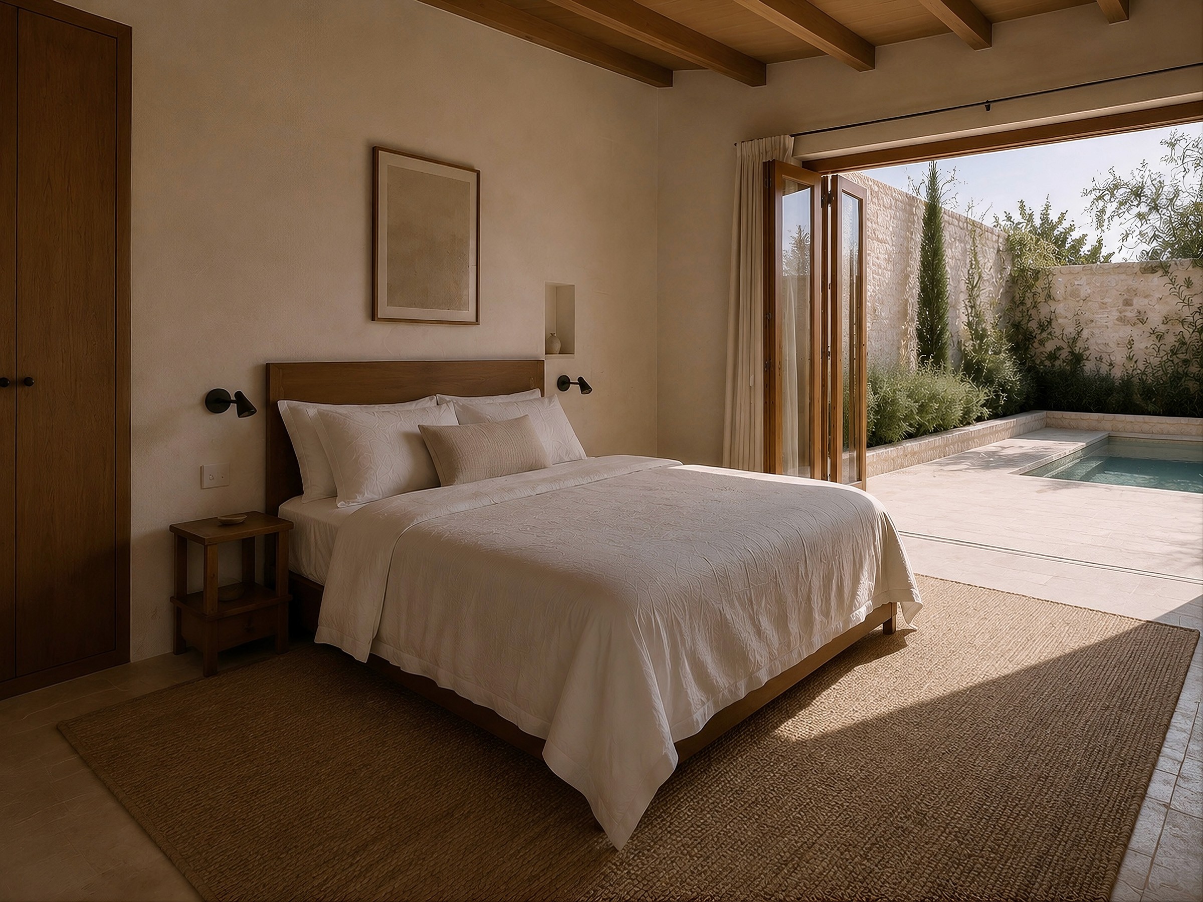 A bright, earthy bedroom with a wooden bed and jute rug, opening onto a private courtyard with a small pool.