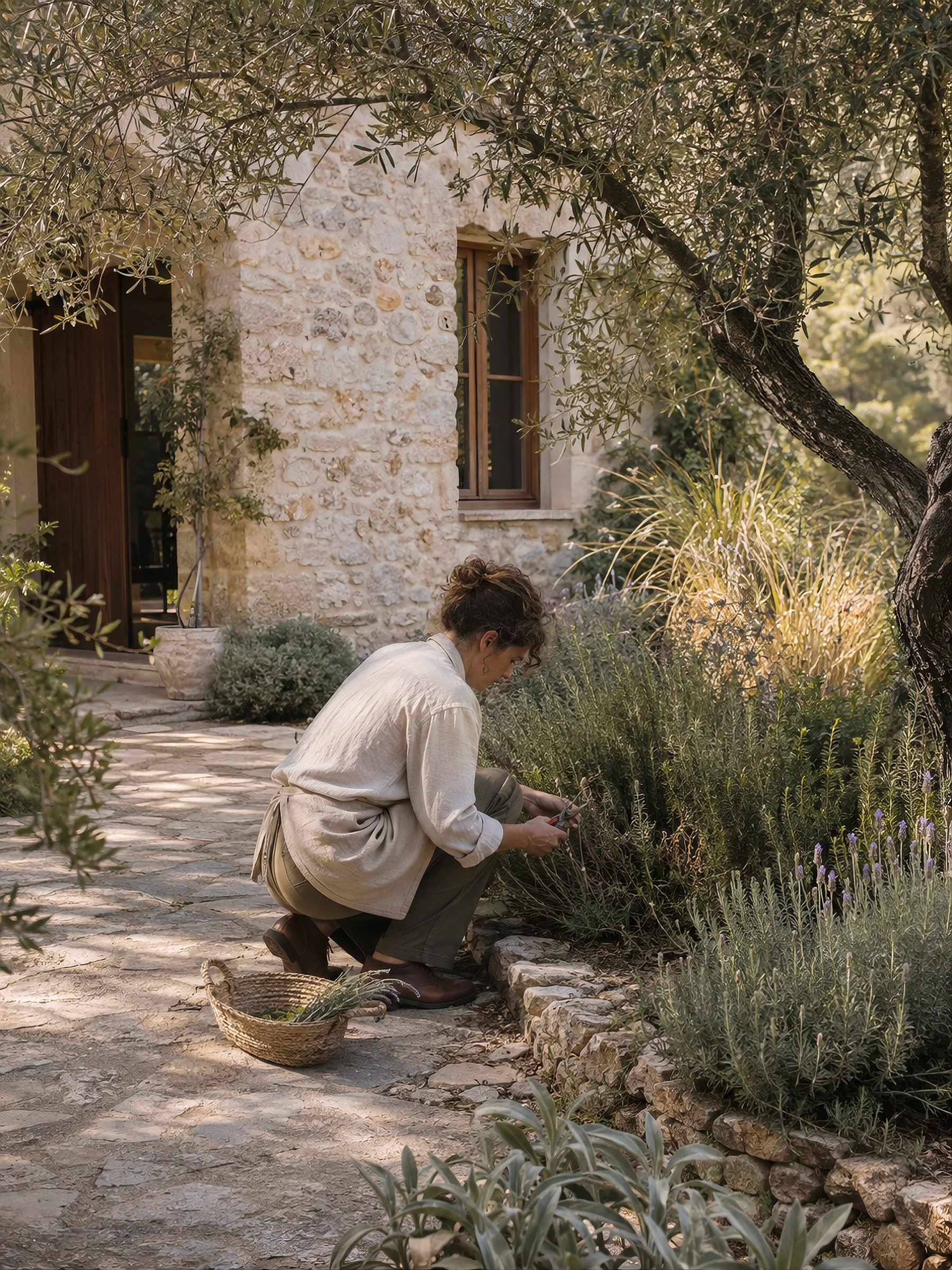 A woman kneeling to harvest fresh herbs along a stone pathway outside a rustic stone house.