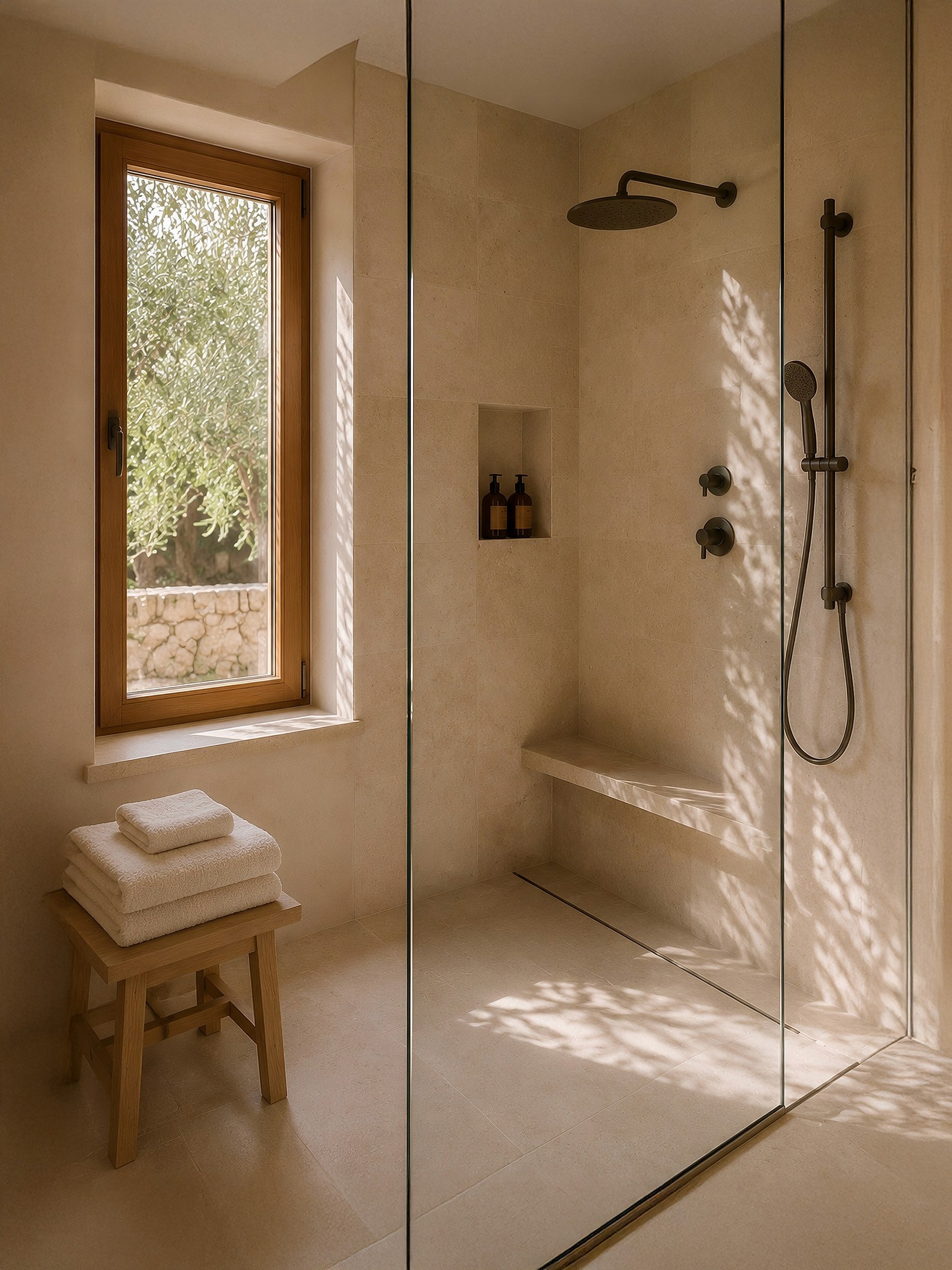 Walk-in stone shower with black fixtures, a glass screen, and a wooden window framing outdoor greenery.