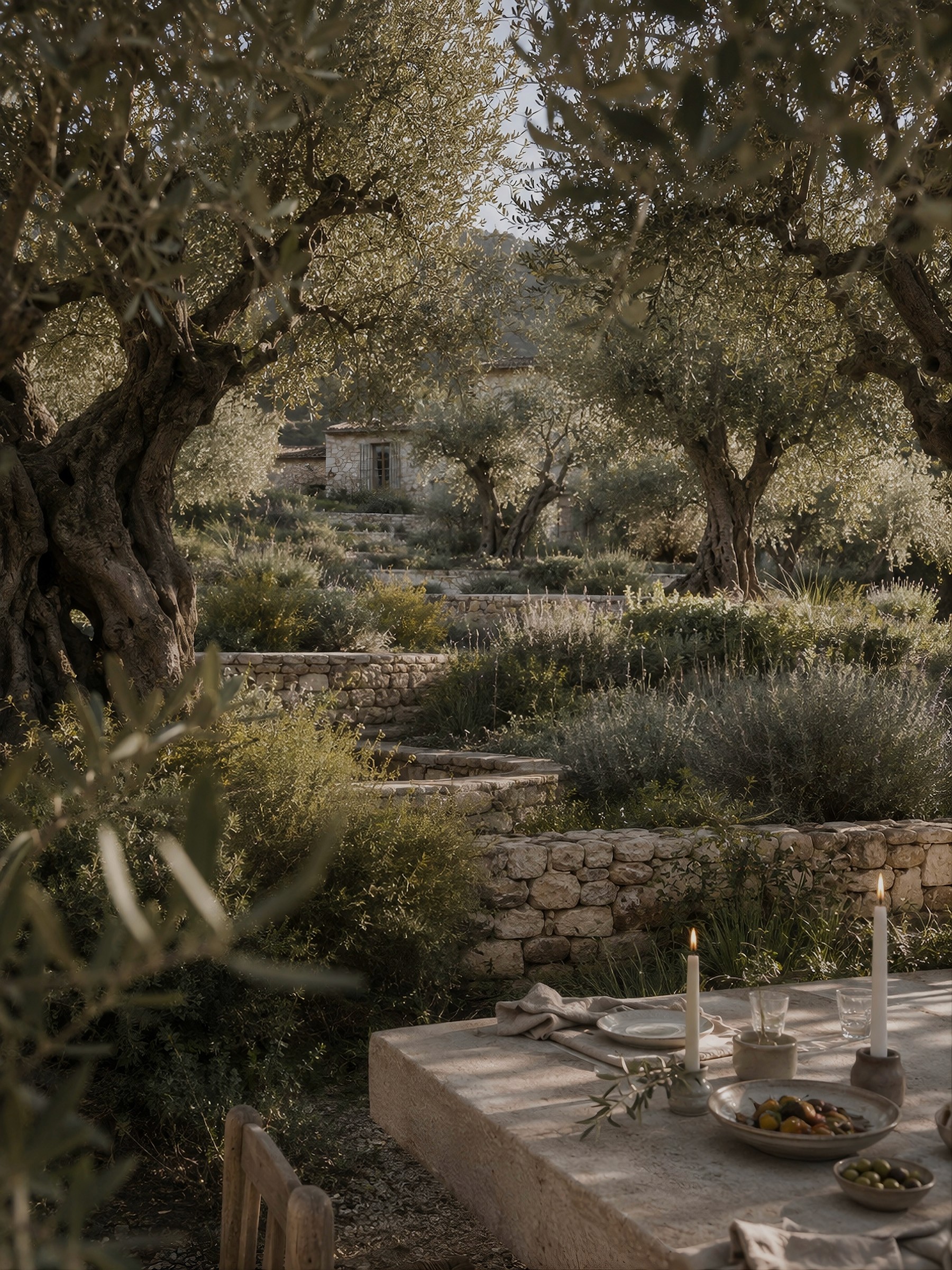 A set dining table with candles on a terrace among olive trees.