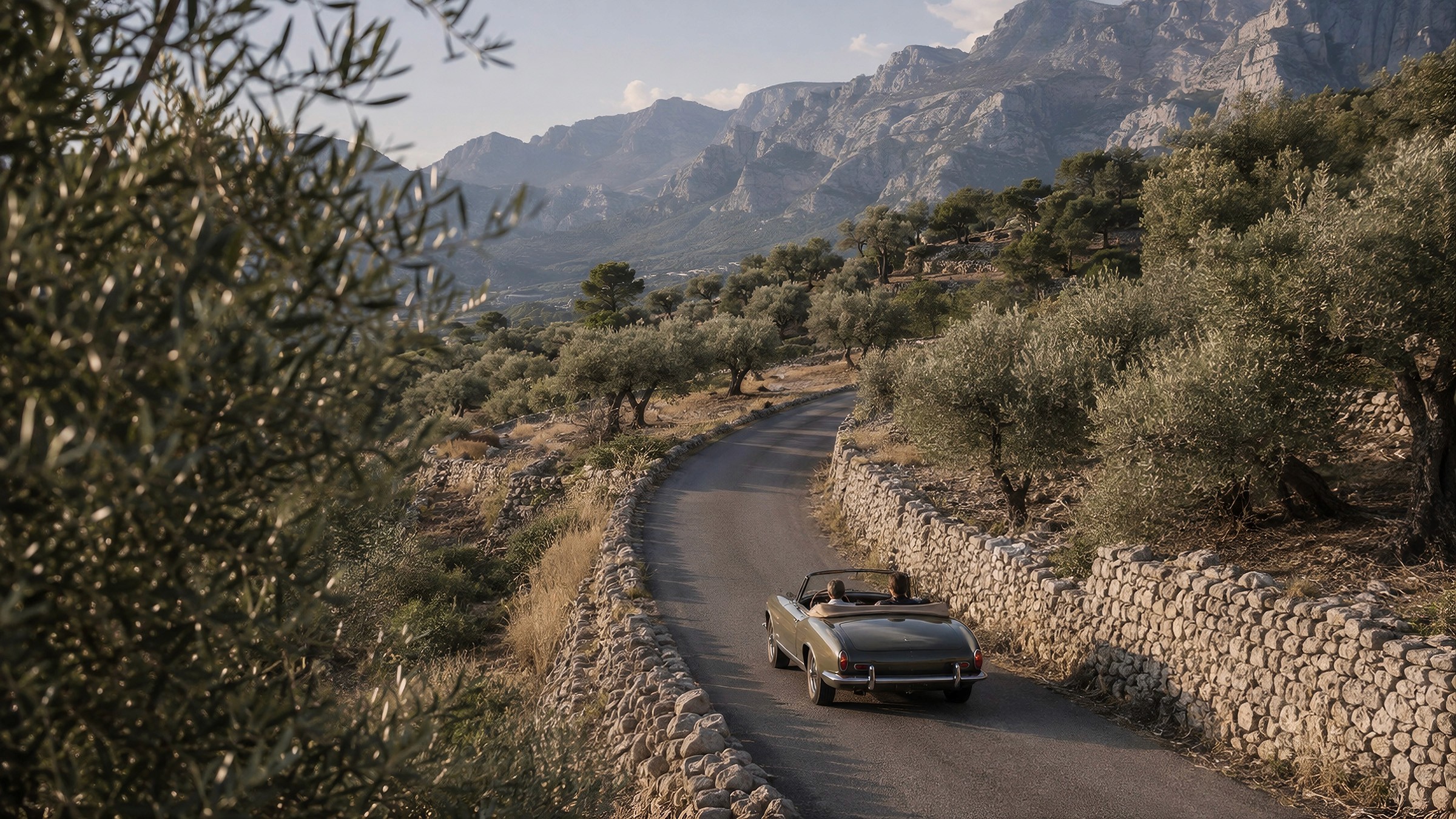 A vintage convertible driving along a winding road through olive groves with rugged mountains ahead.
