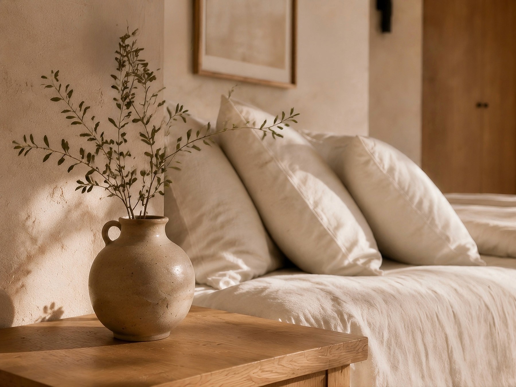 Close-up of a rustic ceramic vase with a green branch on a wooden bedside table next to white linen pillows.