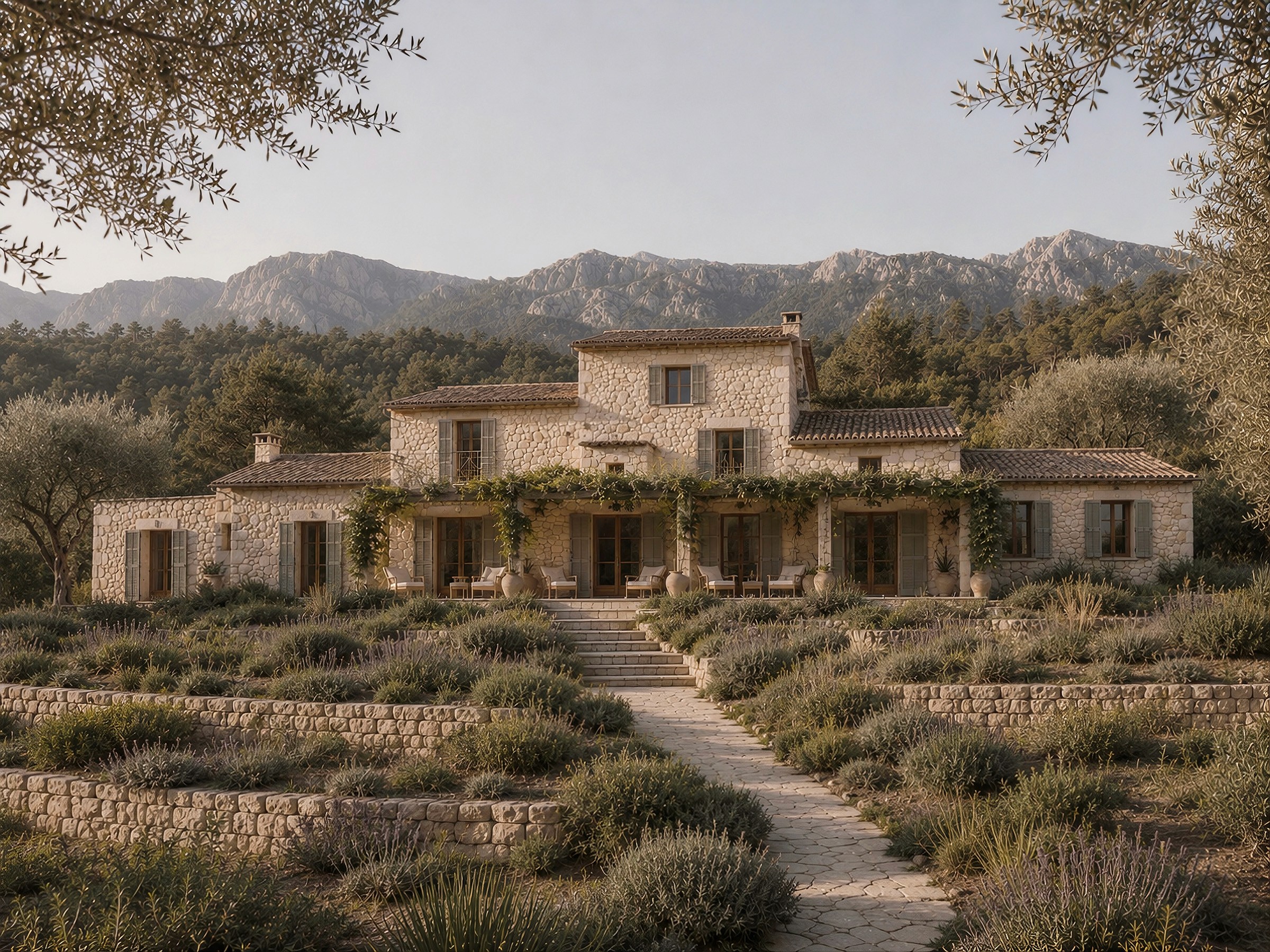 A traditional multi-level Mediterranean stone farmhouse nestled into a hillside, with a dense pine and mixed forest-covered slope rising to a bare limestone mountain range in the background. The foreground features a winding stone pathway leading up to a tiered lavender garden, under a clear sky. The scene is framed by olive branches.