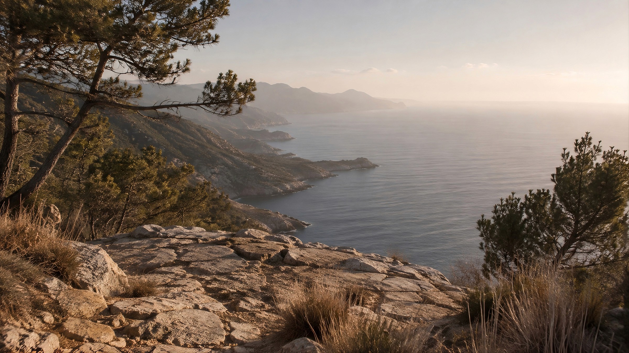 Scenic view from a rocky cliff overlooking a calm ocean and rugged coastal mountains.