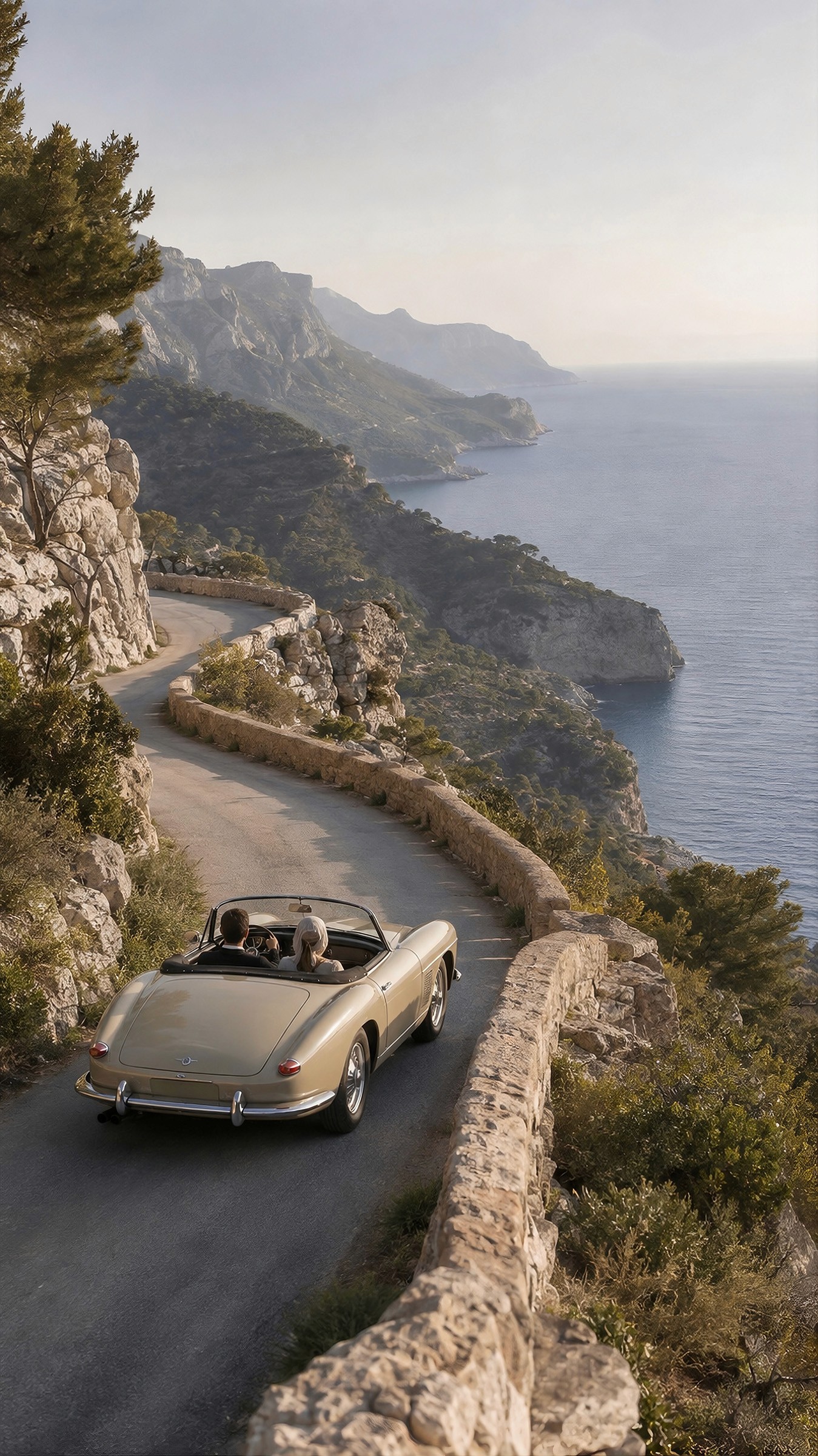 A vintage convertible driving on a winding cliffside road overlooking the sea.