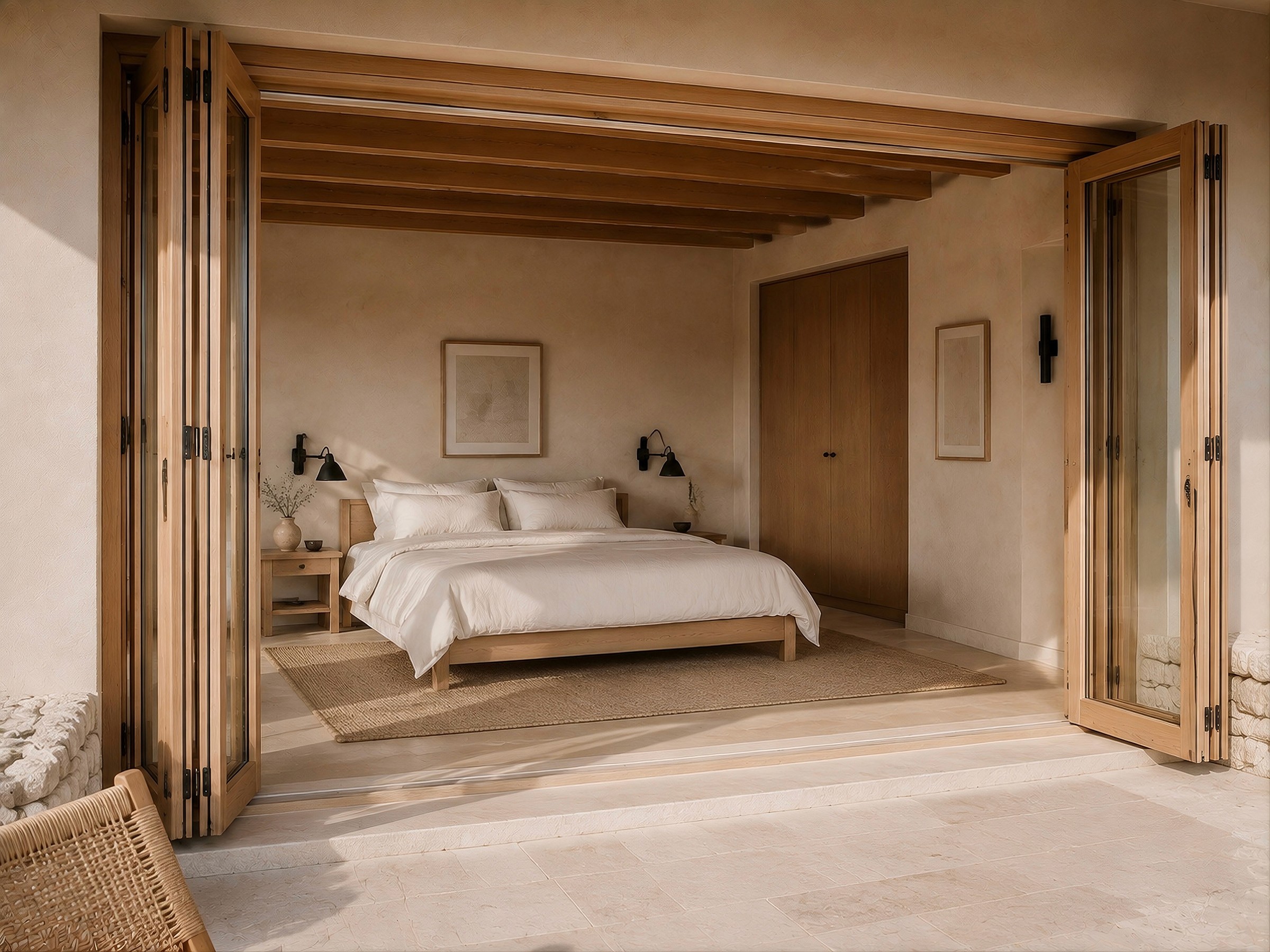 A bright, earthy bedroom viewed through wide-open wooden folding doors, featuring a simple bed and a jute rug.