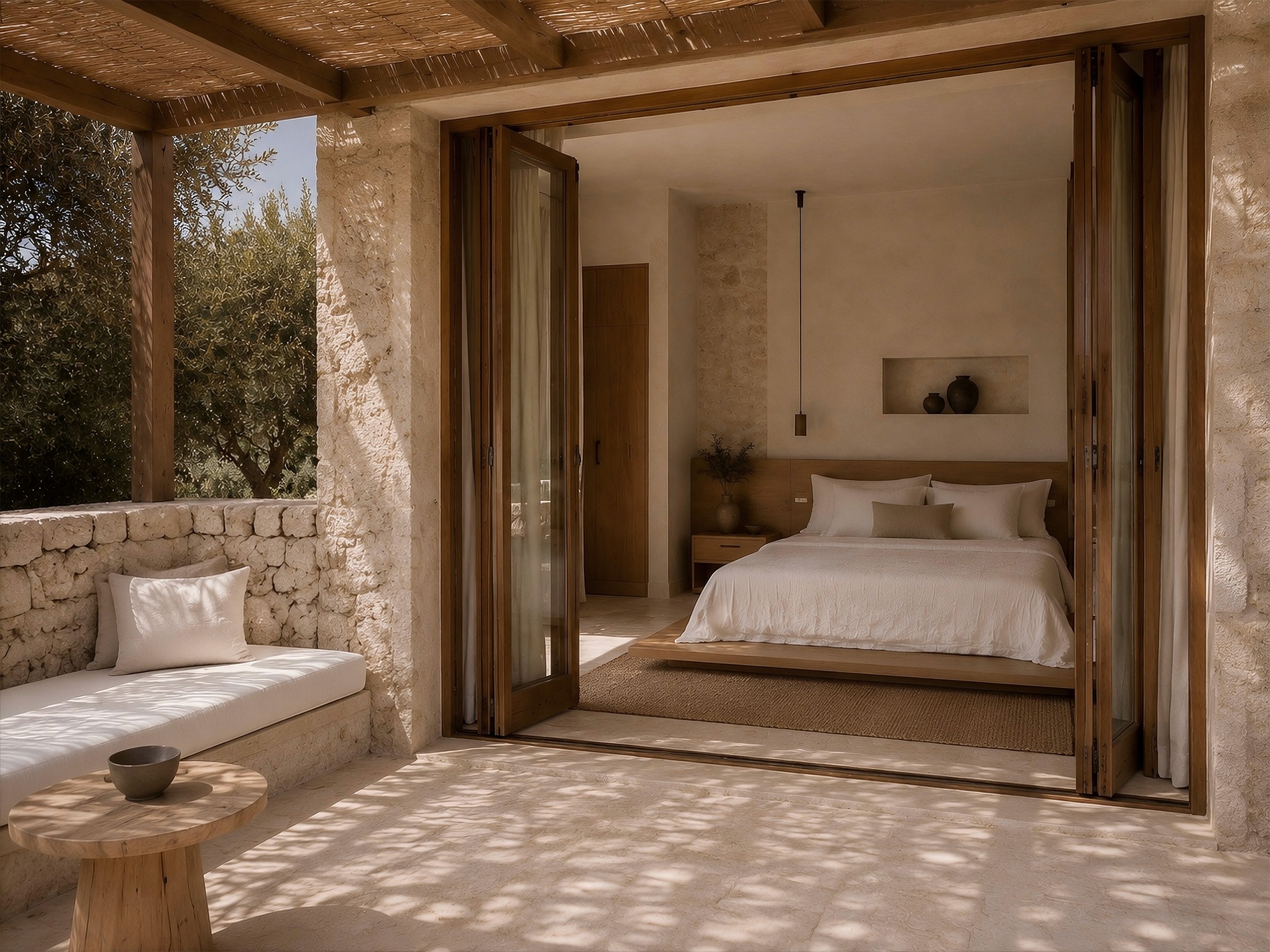View into a bright bedroom with a low platform bed, seen through open folding doors from a stone terrace.