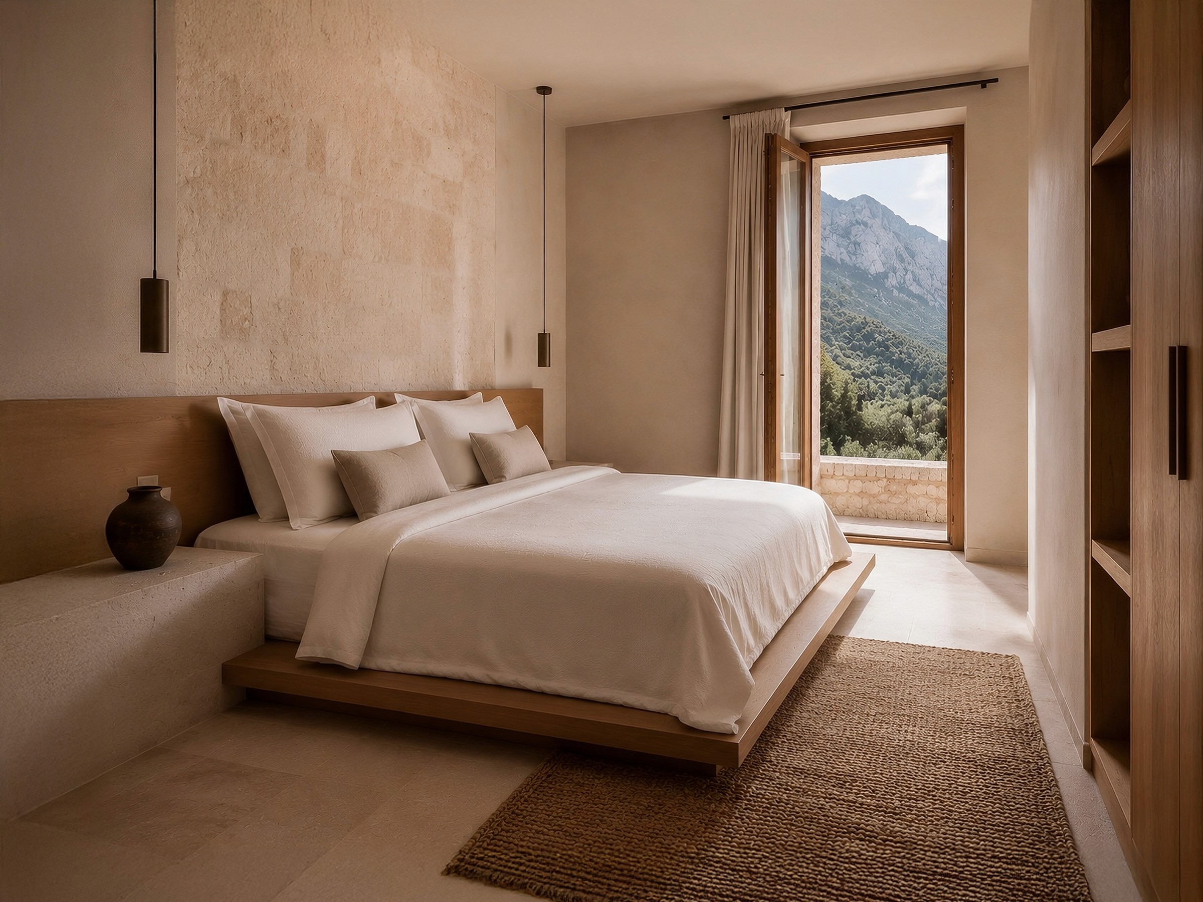 Bright bedroom with a wooden platform bed, stone accent wall, and open glass doors framing a mountain landscape.
