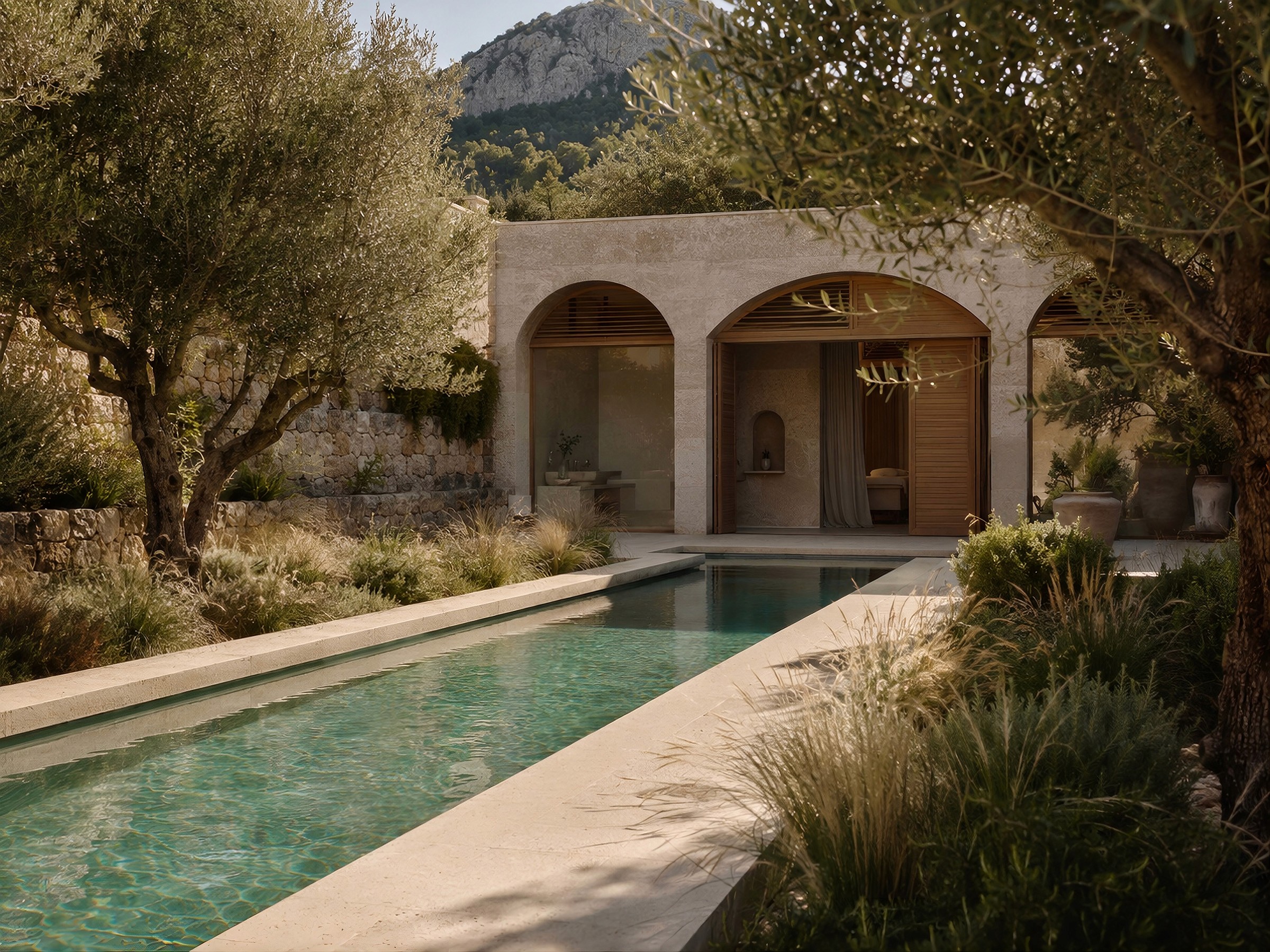 Serene stone swimming pool leading to an open stone building with arched doorways.