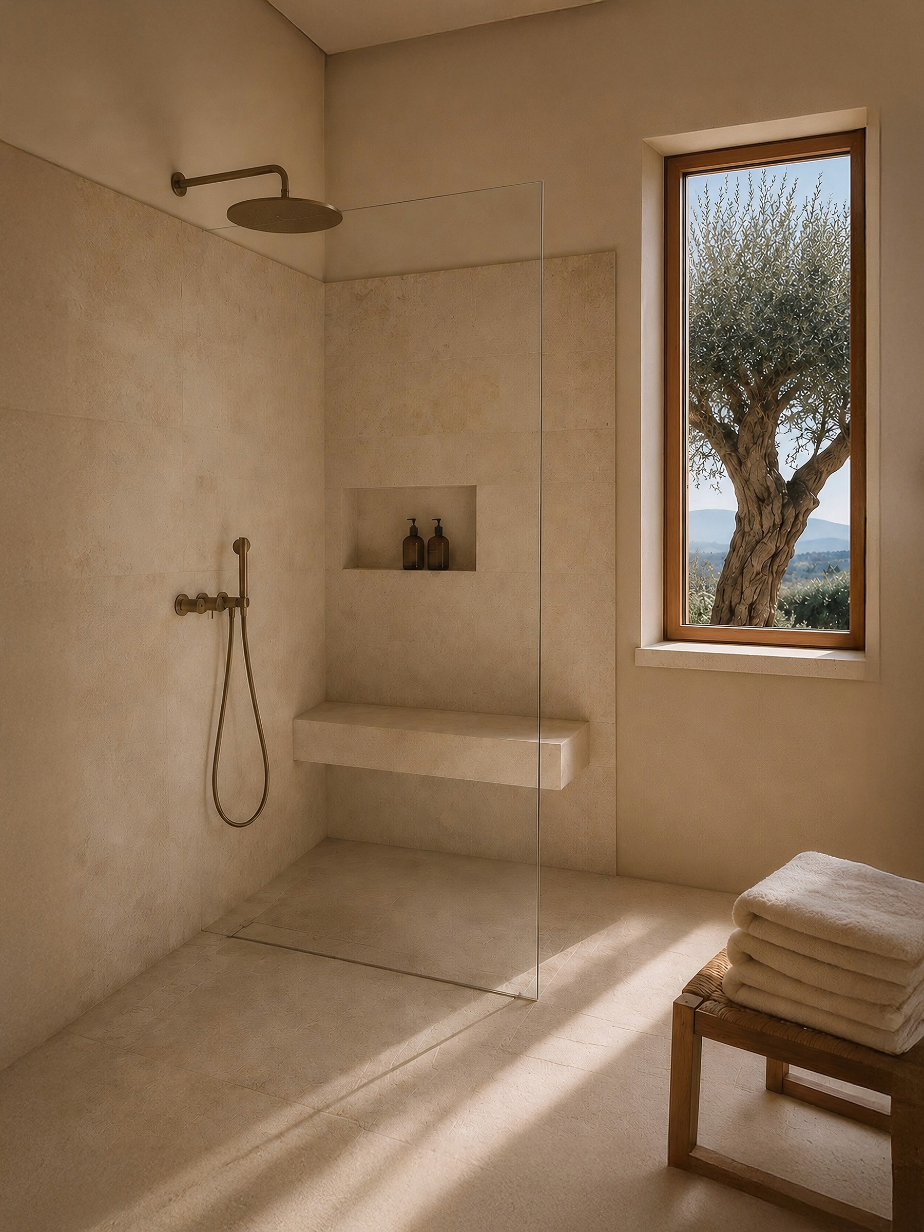 Minimalist stone walk-in shower featuring bronze fixtures, a built-in bench, and a window framing an olive tree.