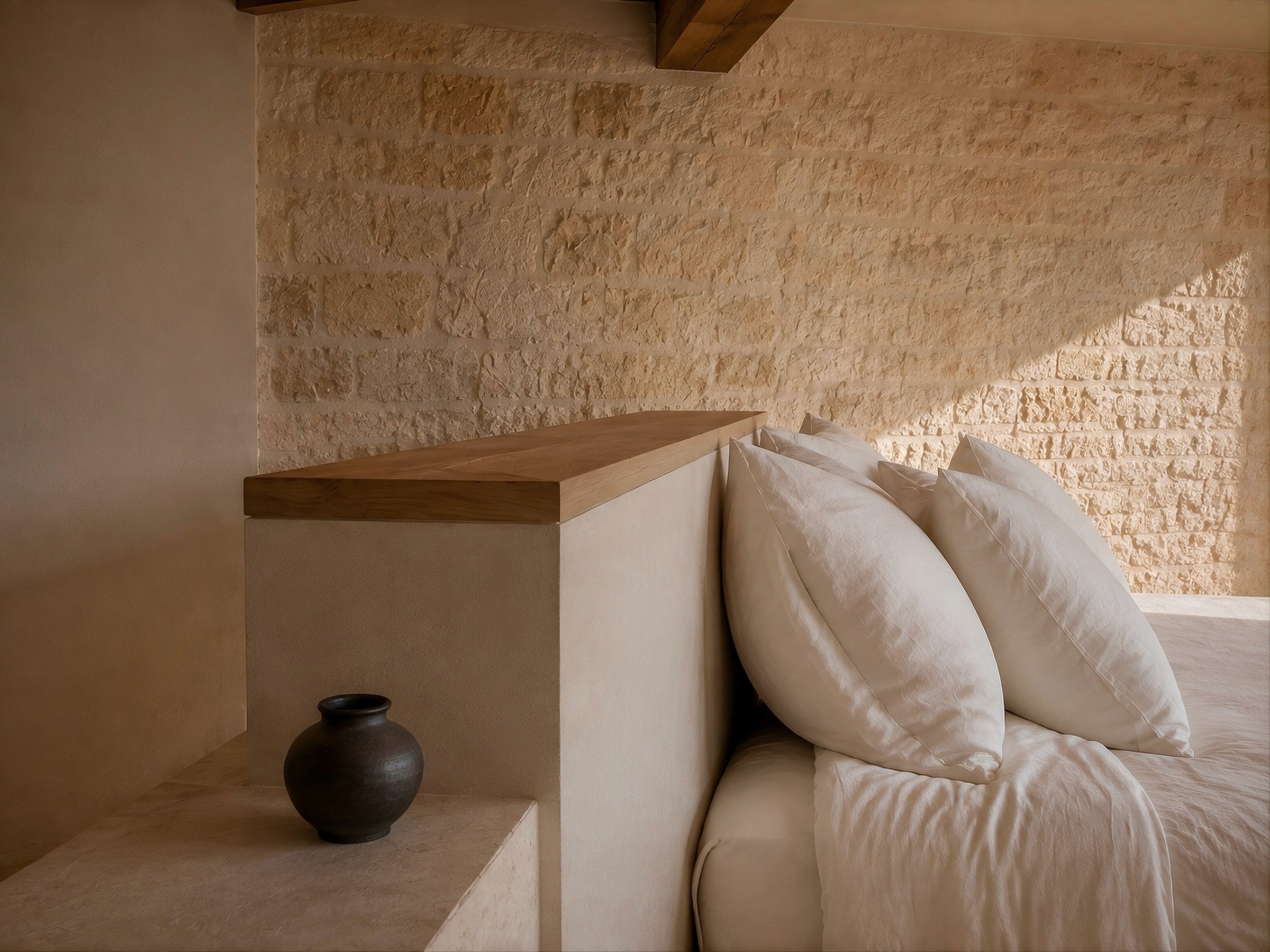 Close-up of a bed with white pillows, a built-in stone headboard, and a small dark vase.