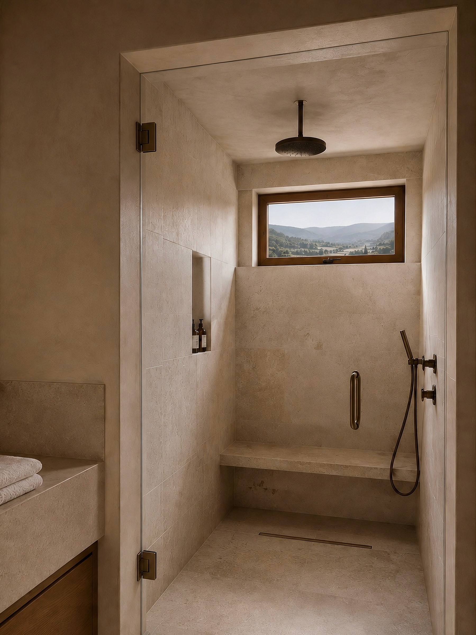 Walk-in stone shower enclosed by a glass door, featuring bronze fixtures, a built-in bench, and a small window framing a valley view.