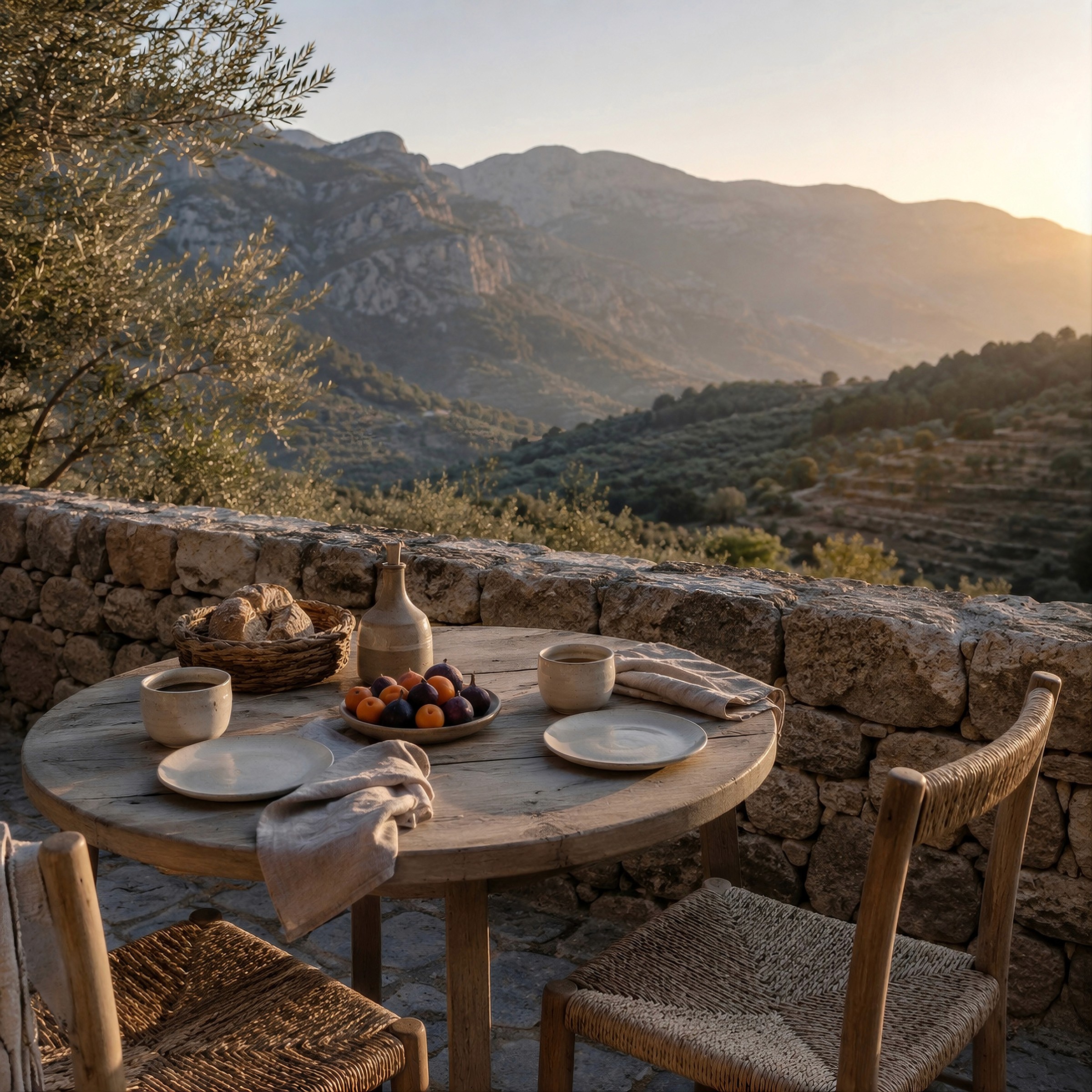 A rustic breakfast table set with fruit, bread, and coffee on a stone terrace facing a mountain sunrise.