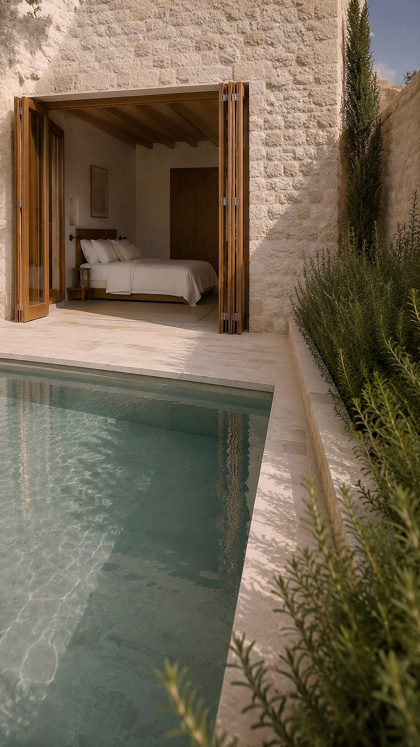A clear swimming pool and stone patio looking directly into a bedroom with fully open wooden folding doors.