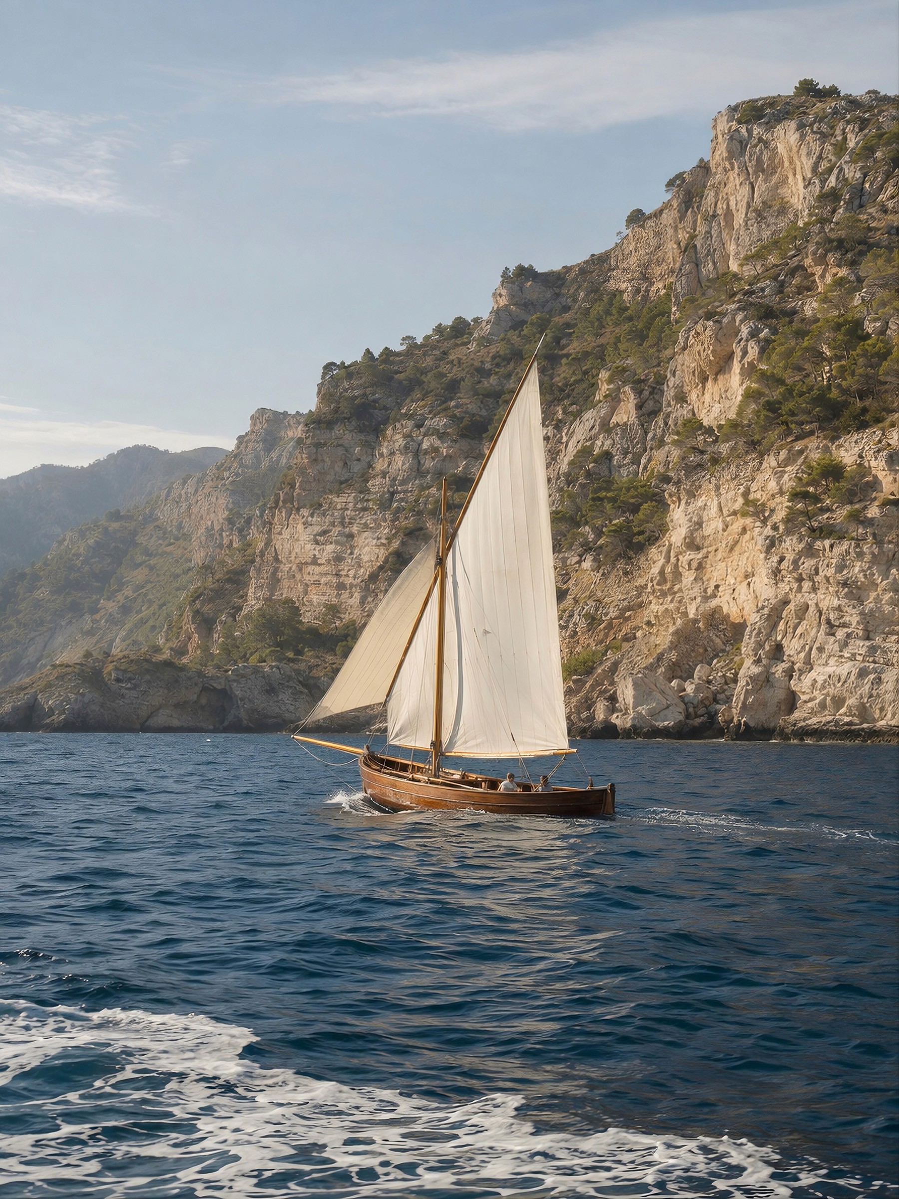 A classic wooden sailboat sailing on the sea along high cliffs.