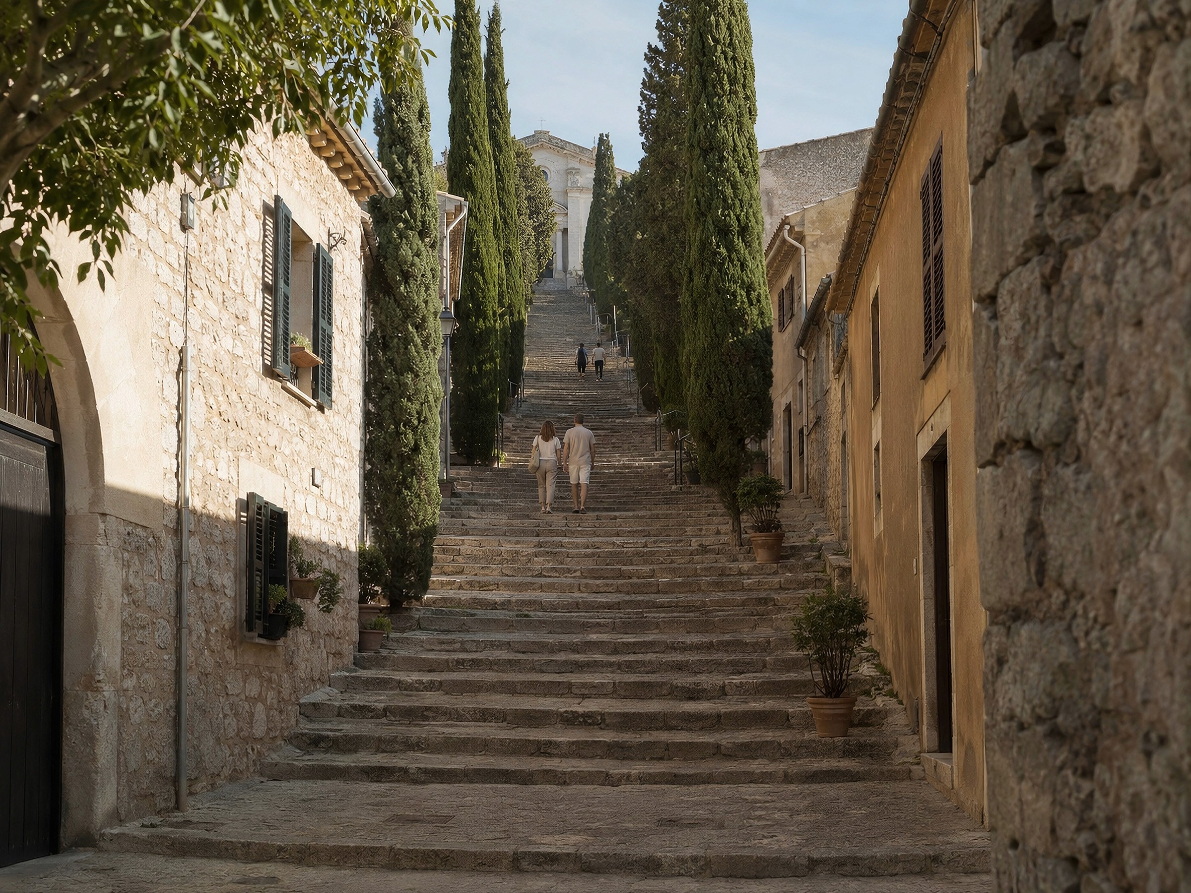 Two people walking up a long, grand stone stairway lined with tall cypress trees.