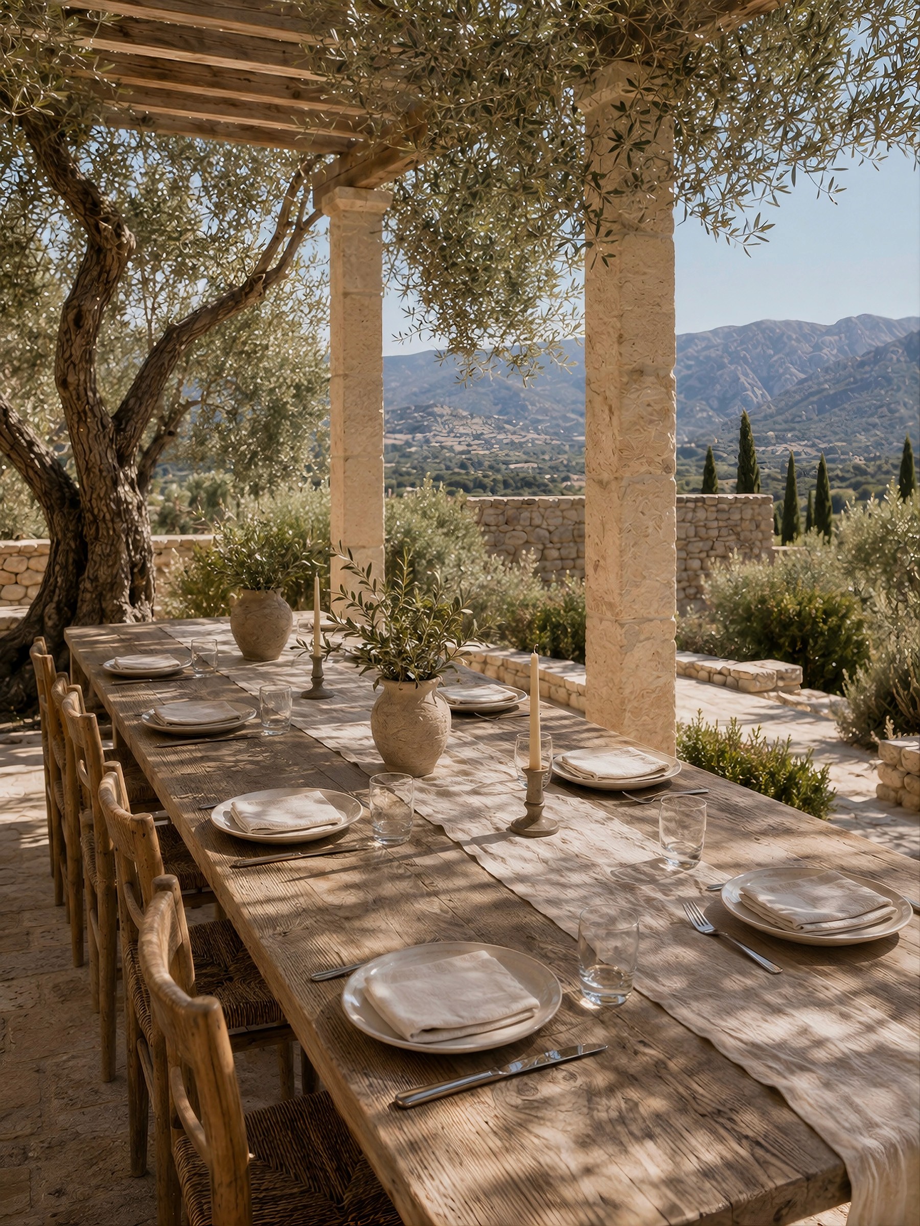 Outdoor rustic wooden dining table set under a pergola with olive trees and mountains in the background.