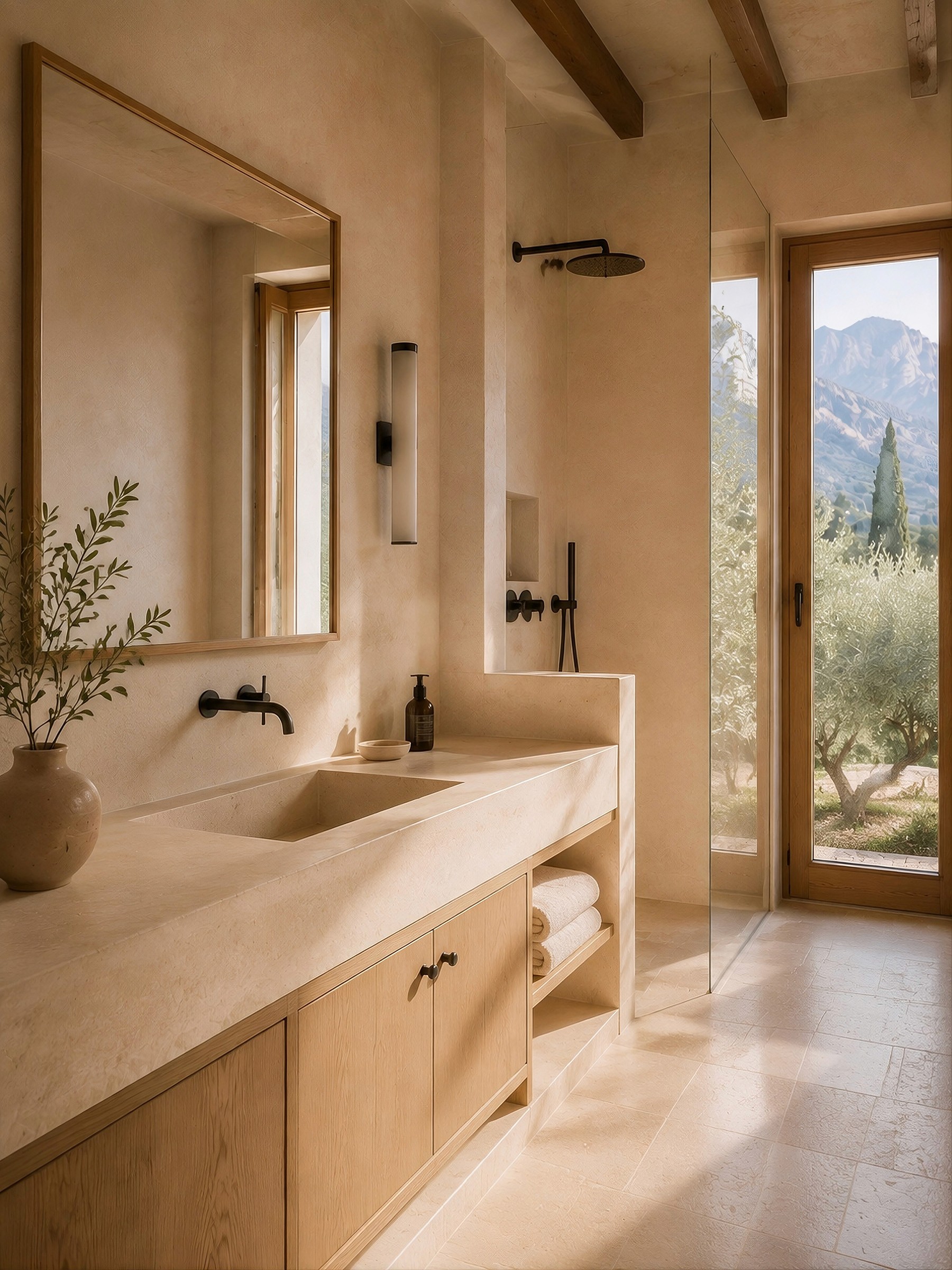Sunlit bathroom with a built-in stone vanity, a glass shower, black fixtures, and a glass door revealing a mountain view.