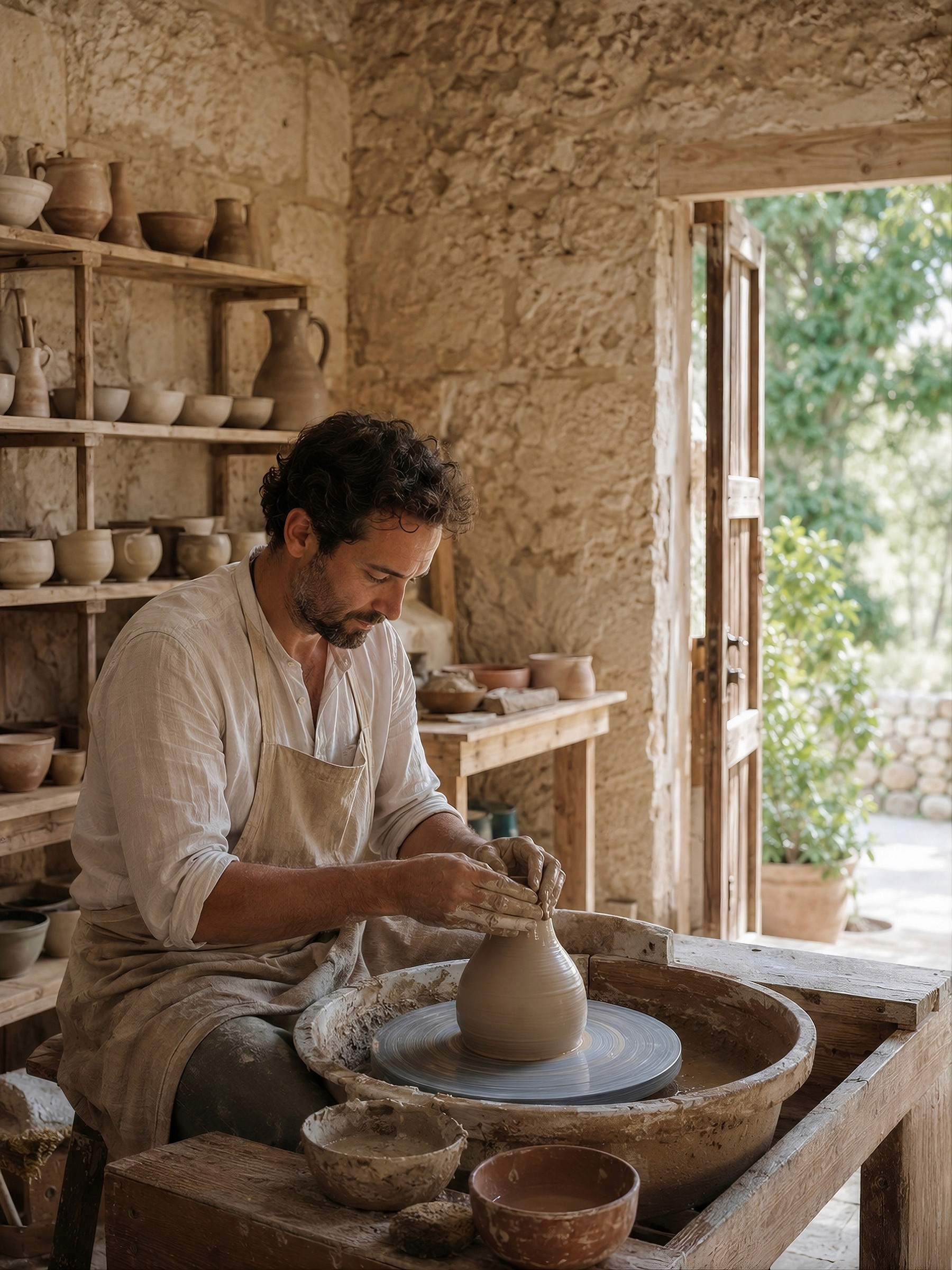 A potter working at a wheel in a bright, rustic workshop.