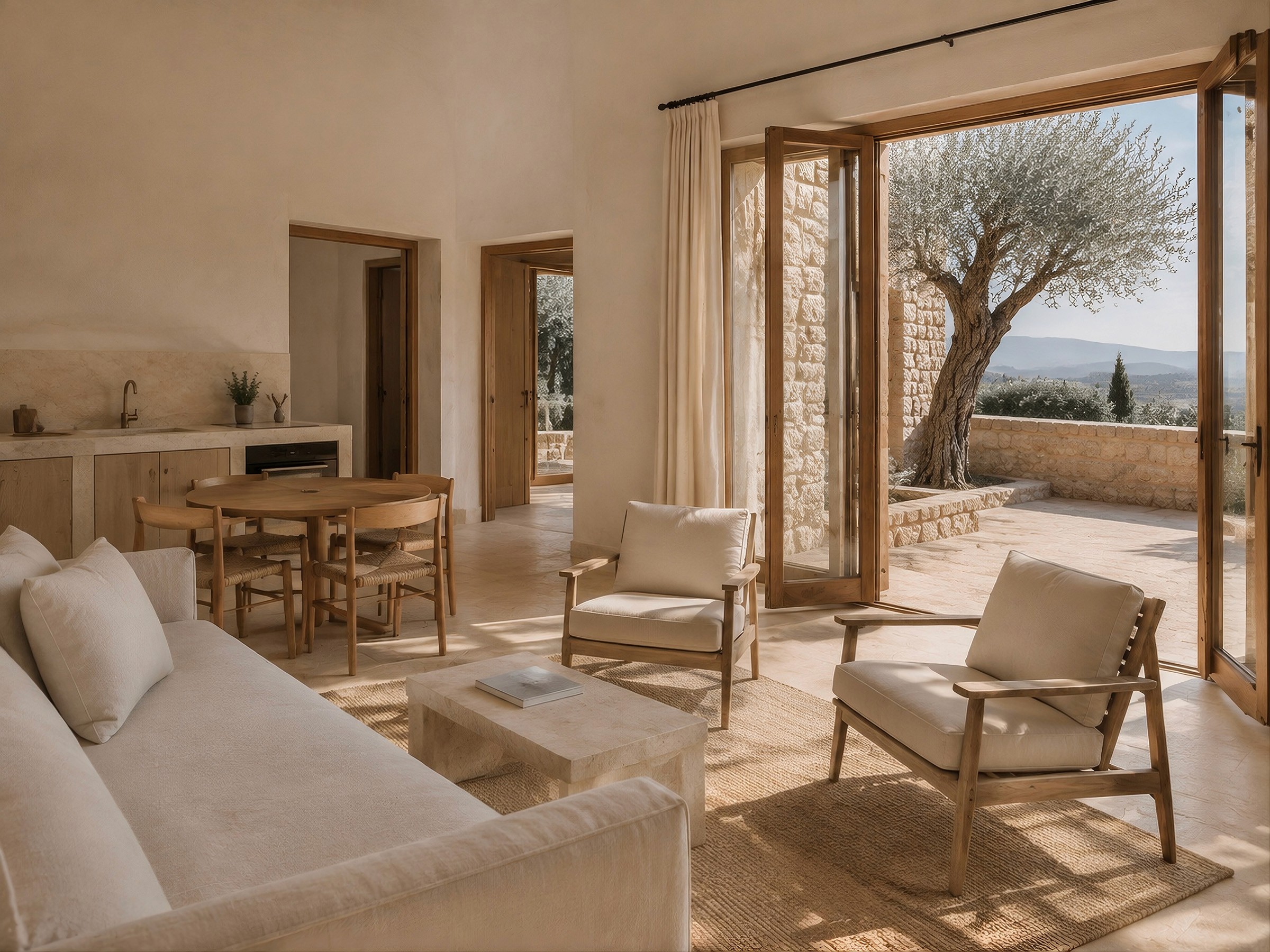 Bright, minimalist living and dining area with open folding doors leading to a sunlit stone patio.