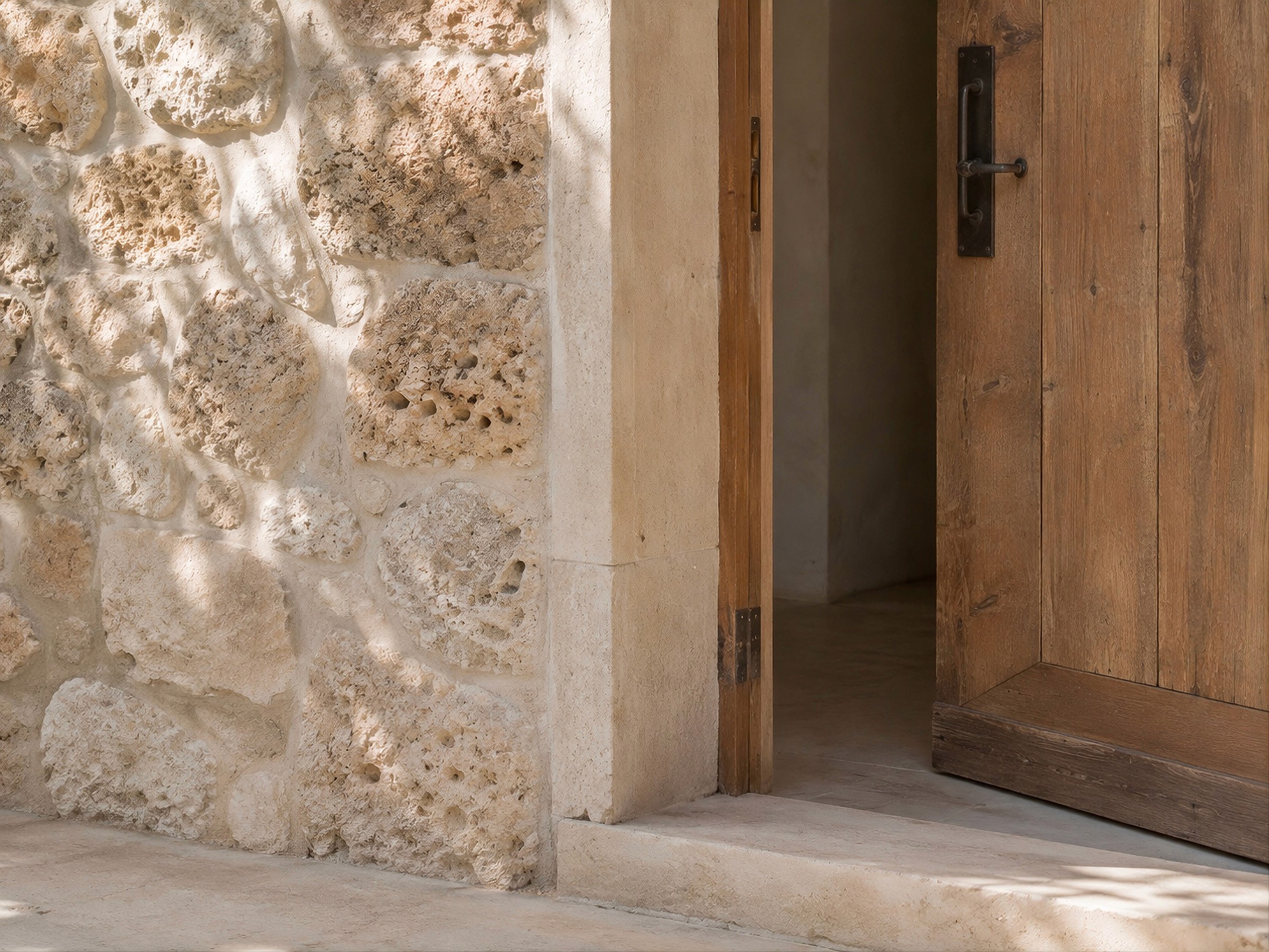 Close-up of a textured stone wall next to an open rustic wooden door.