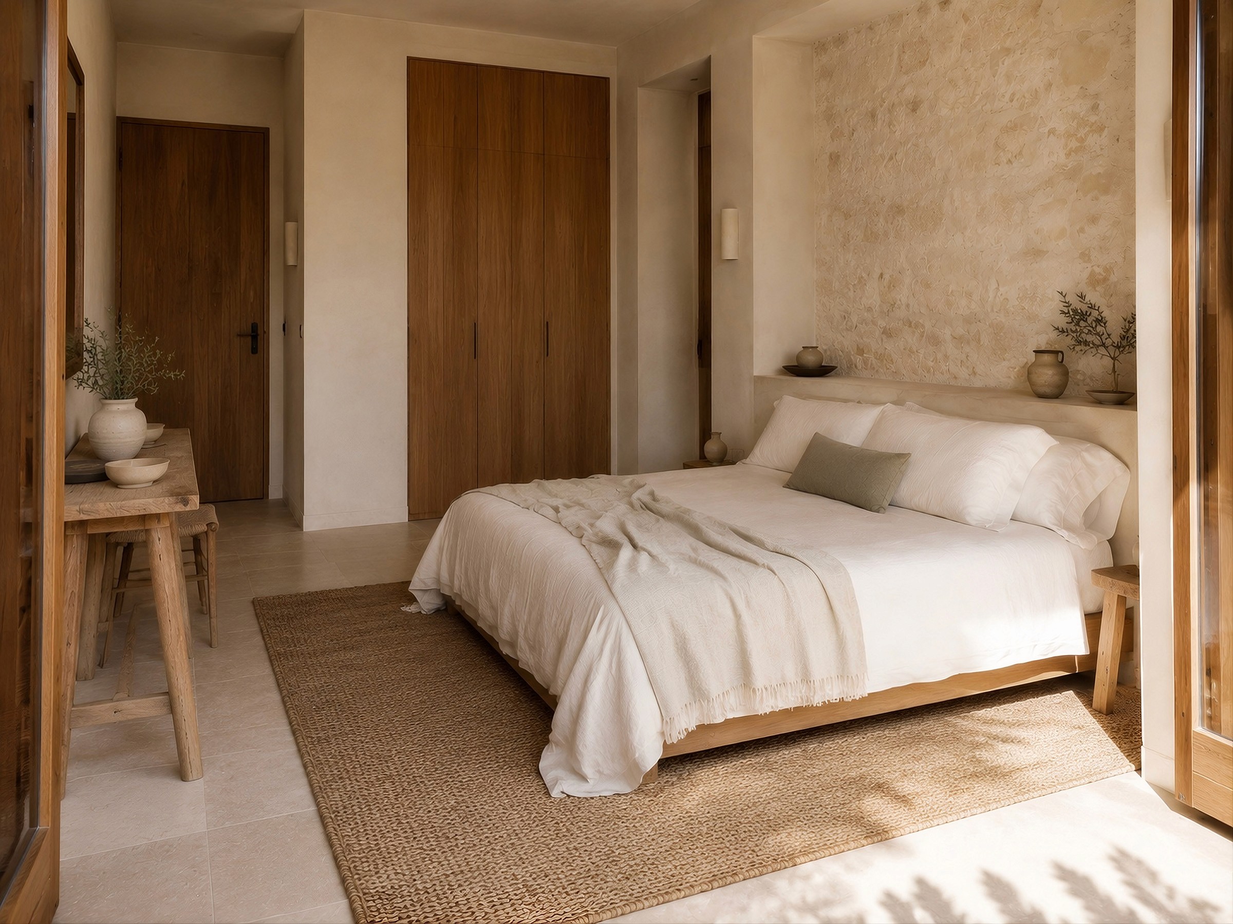 A minimalist bedroom featuring a textured stone accent wall, light wood furniture, and a natural jute rug.