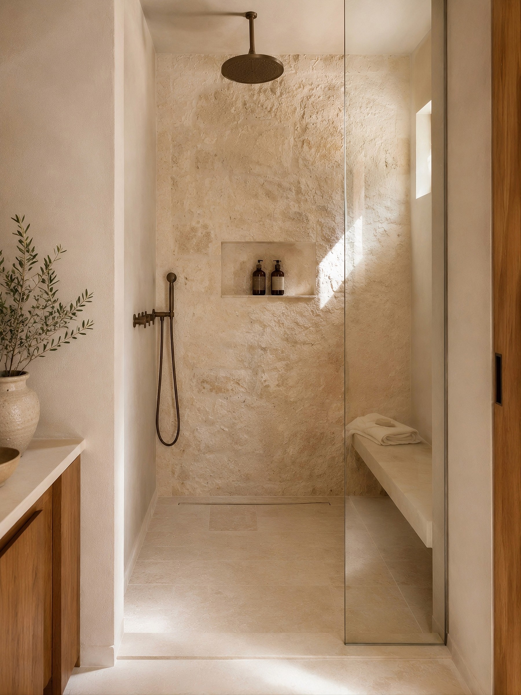 A modern walk-in shower with a rustic stone wall, bronze fixtures, a built-in niche, and a glass partition.