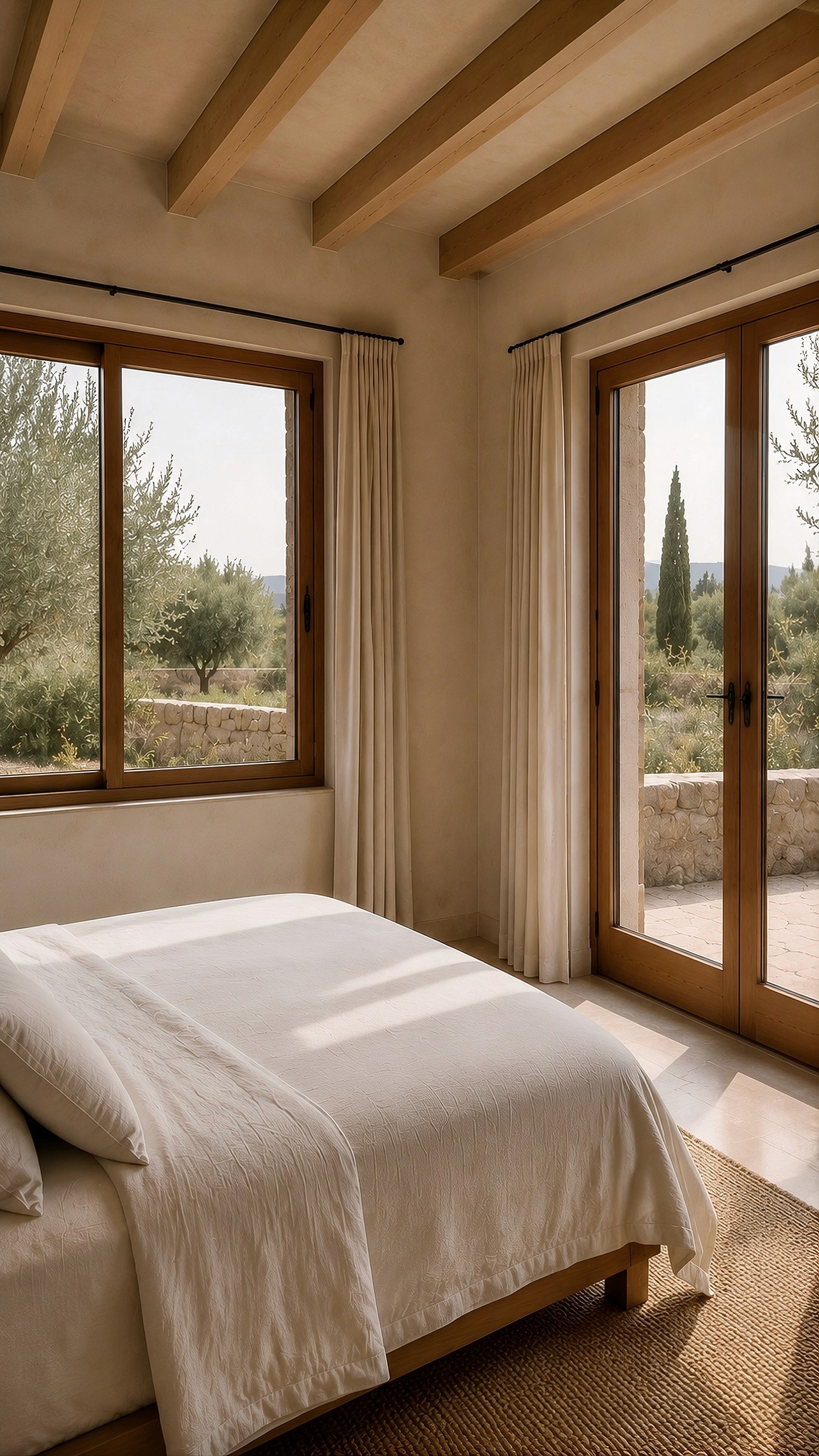 A bedroom corner with white linens and large wooden-framed windows and doors overlooking a patio and landscape.