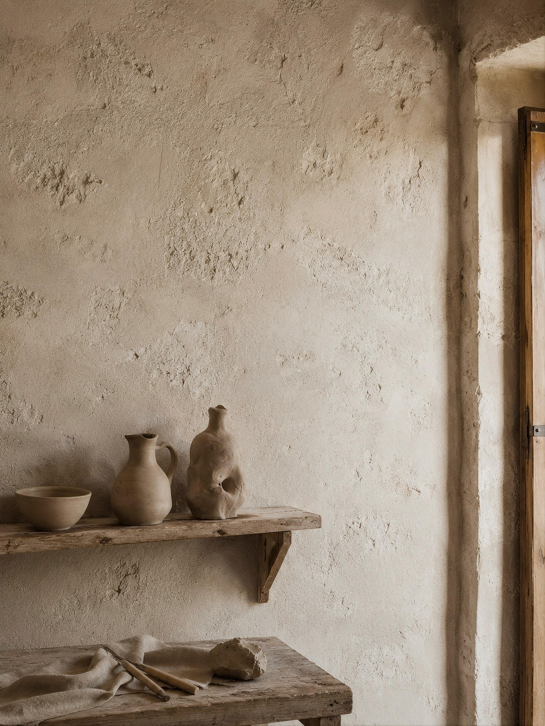 Pottery on a wooden shelf against a textured stone wall.