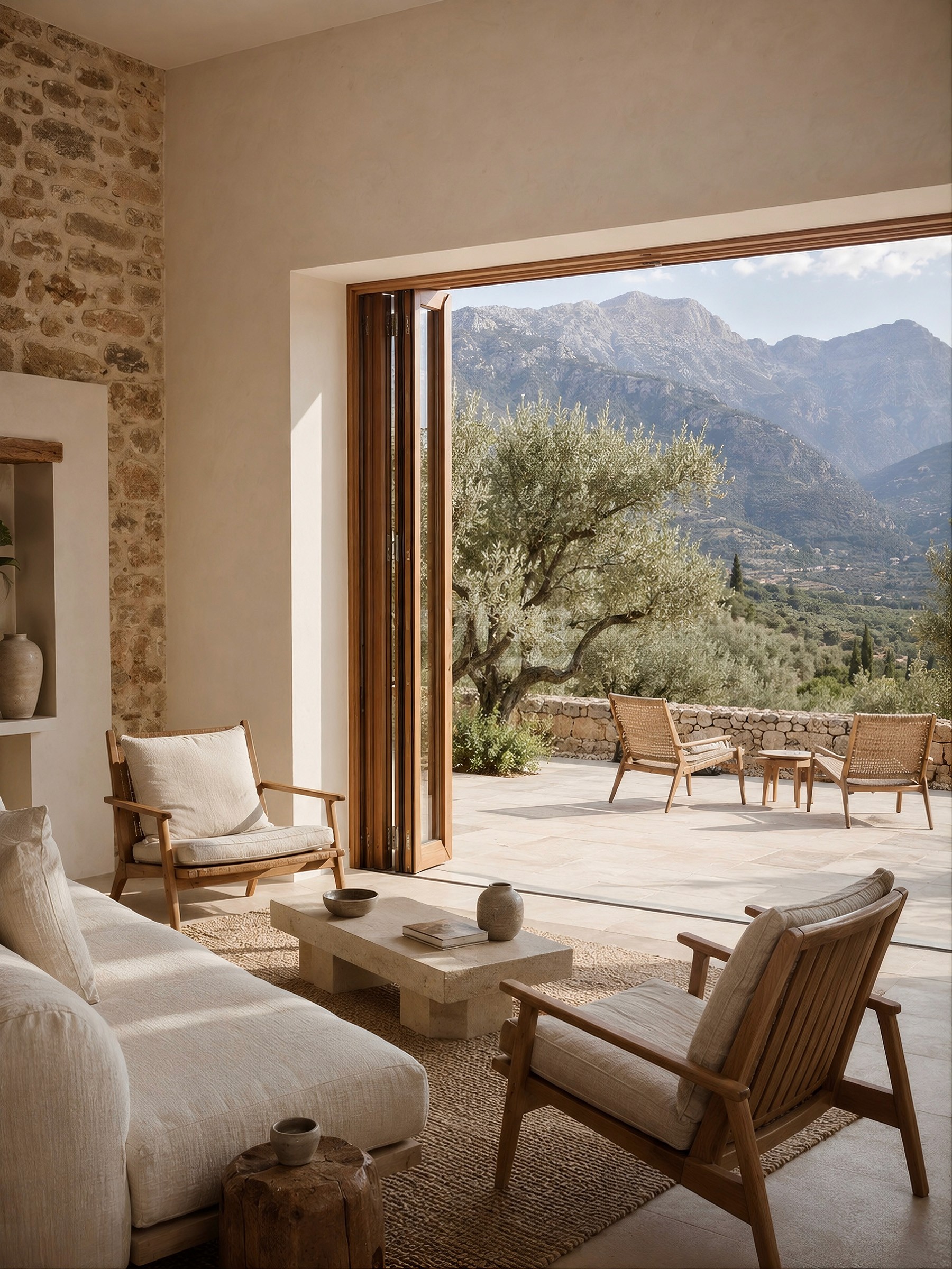 A bright living room with large open folding doors leading to a stone terrace with mountain and olive tree views.
