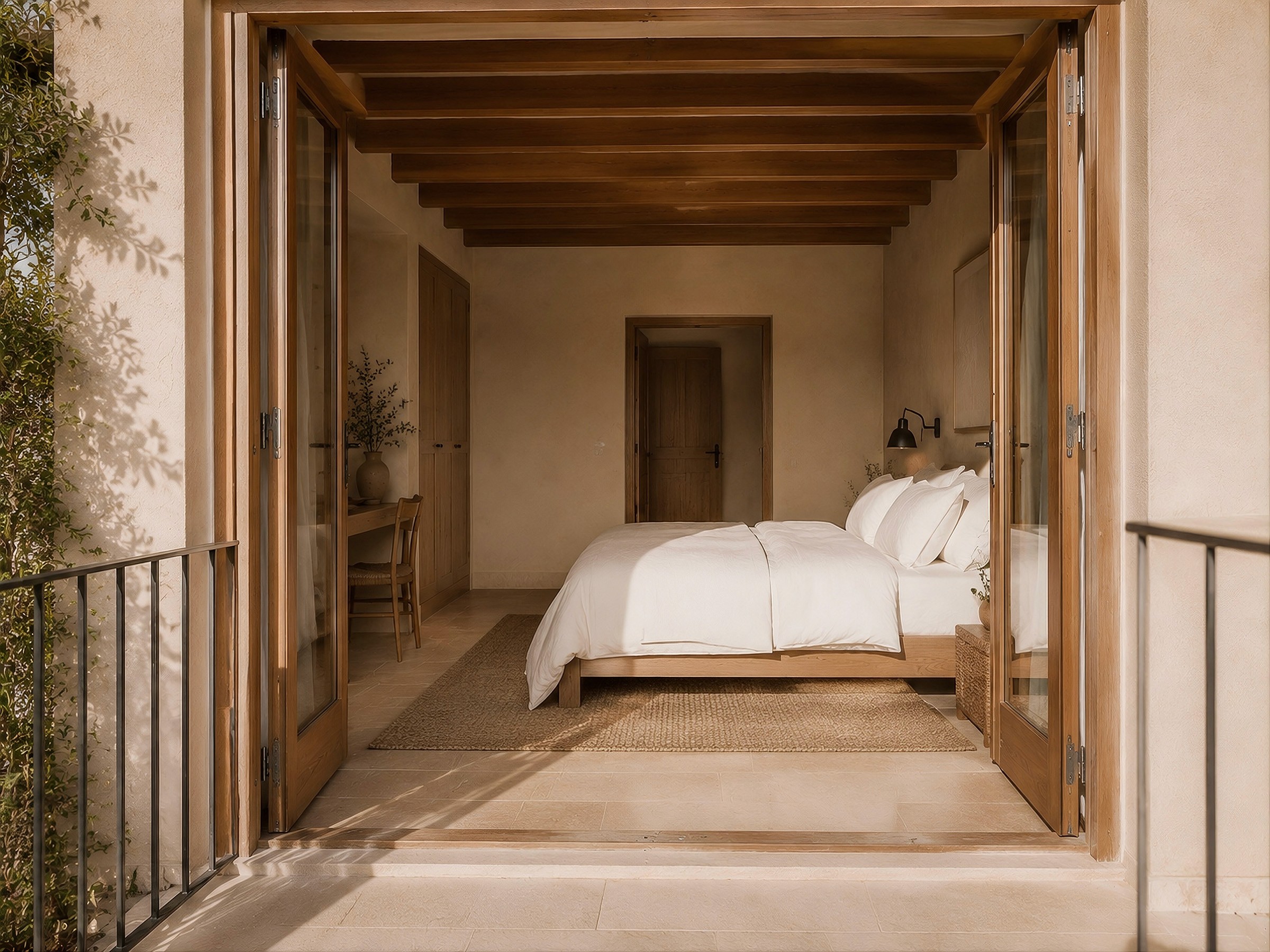 View into a minimalist bedroom with a wooden ceiling and a simple bed, seen from a stone balcony through open glass doors.