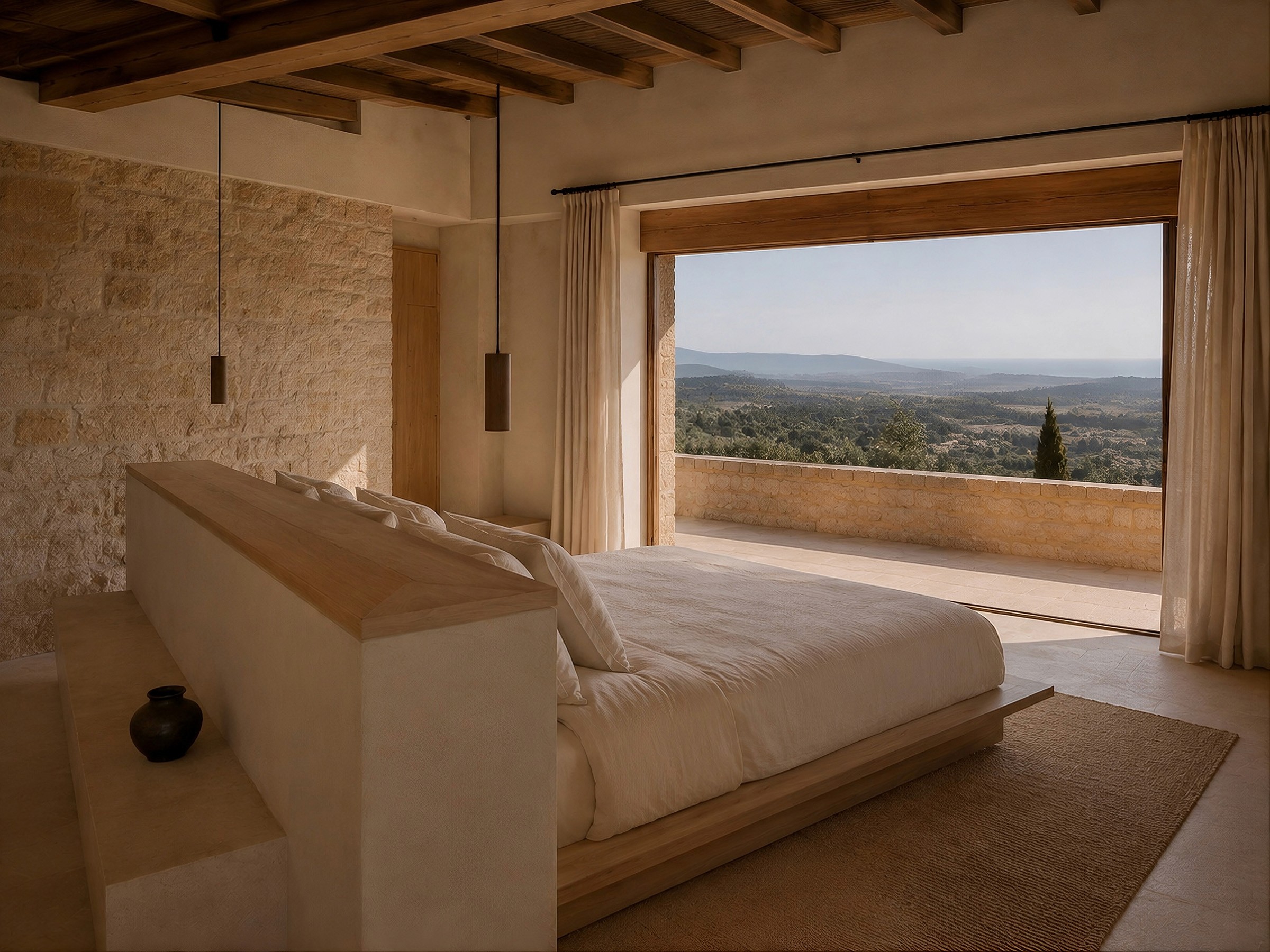Bedroom with a low platform bed and a large open sliding door framing a panoramic valley view.