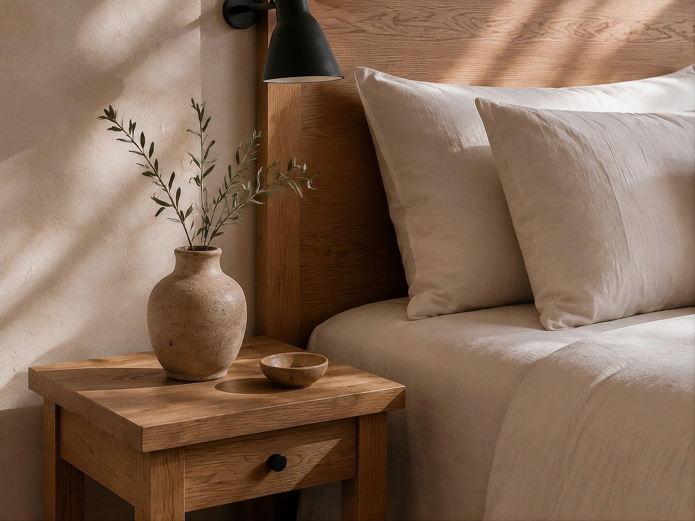 Close-up of a wooden nightstand holding a rustic vase with olive branches next to a bed.