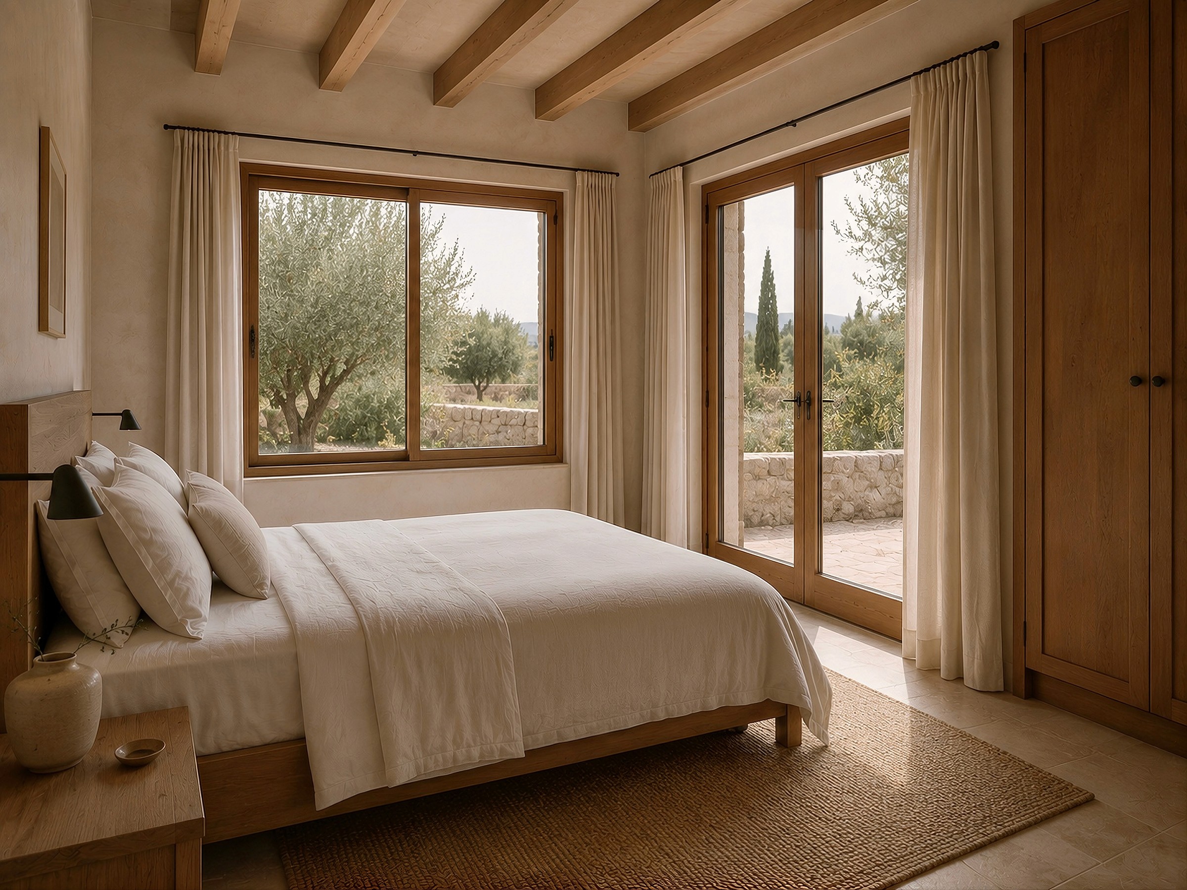 Earthy bedroom with exposed wooden beams, a bed with white linens, and open glass doors leading to a stone patio.