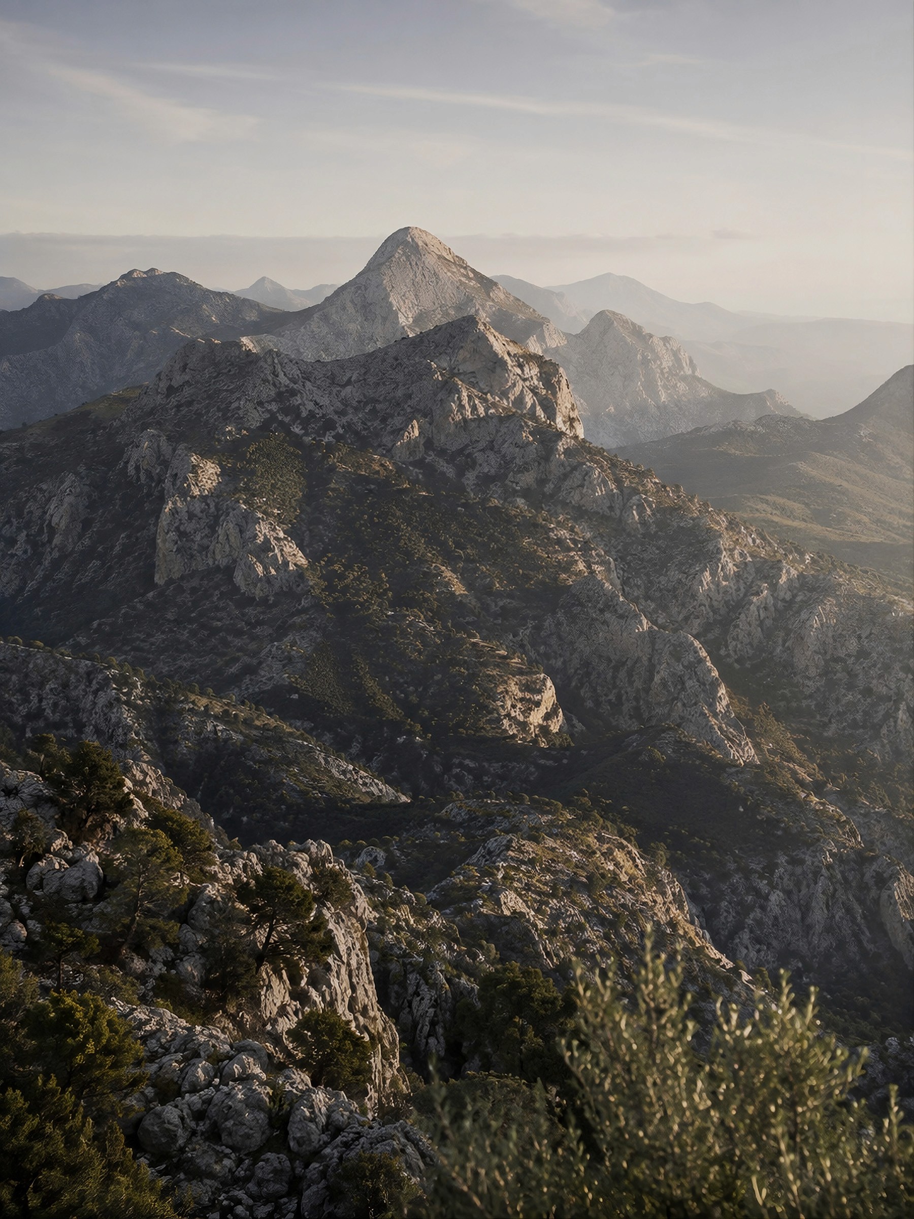 Panorama of majestic rocky mountain peaks in soft light.
