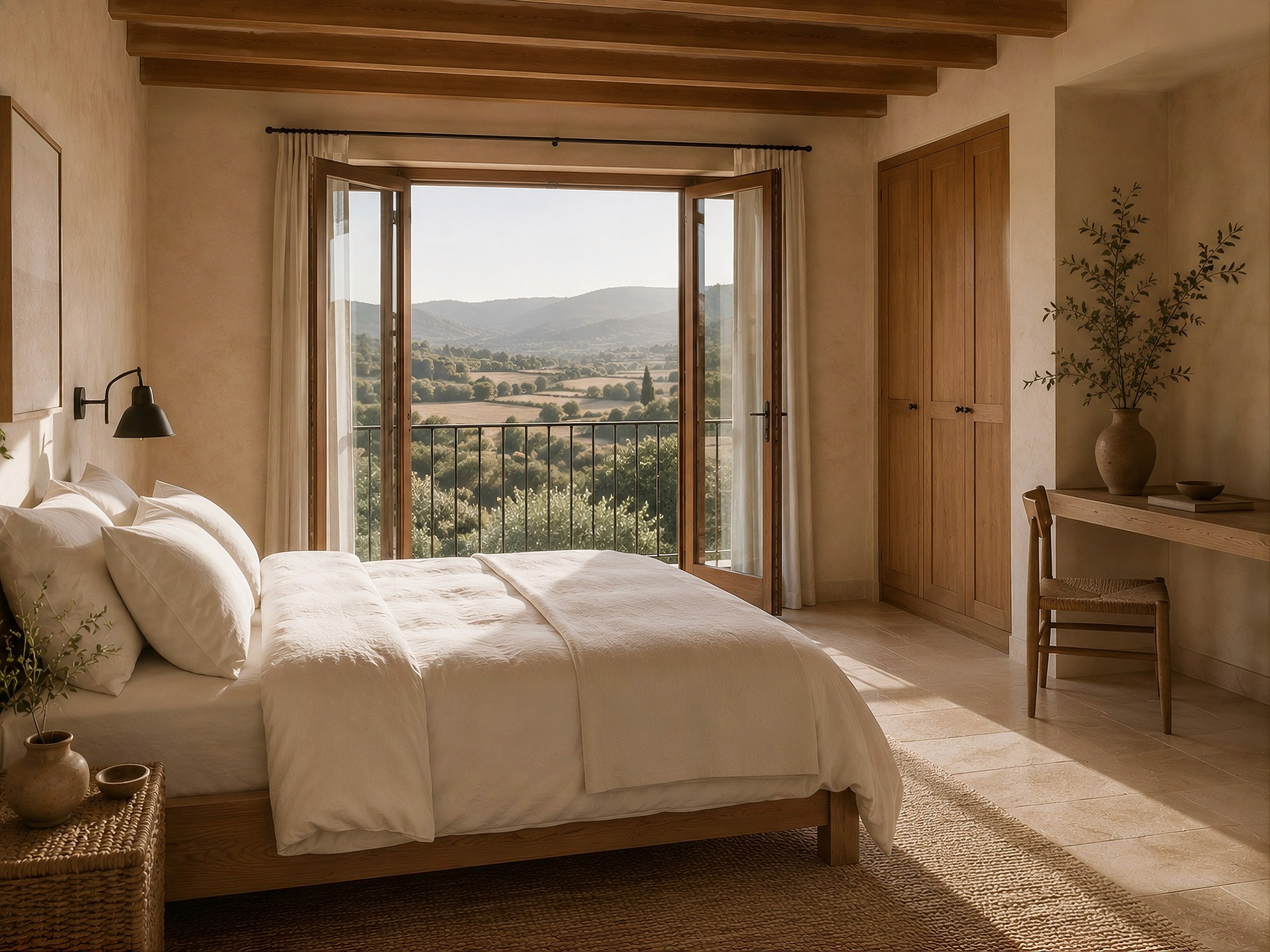Earthy bedroom with exposed wooden beams, a wooden bed, and wide-open glass doors leading to a balcony with a sweeping valley view.
